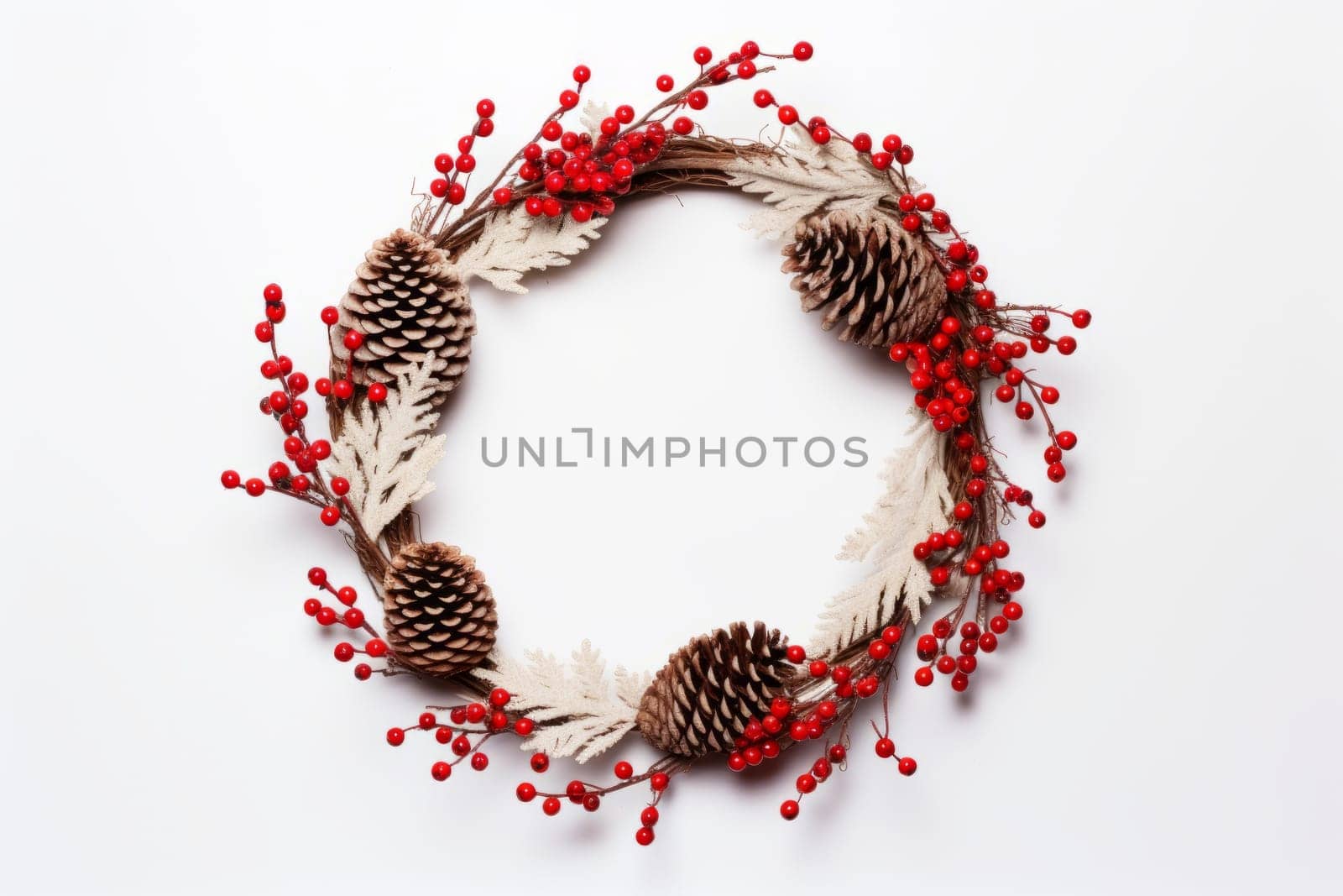 Christmas holiday wreath with red berries and pinecones. Generative AI