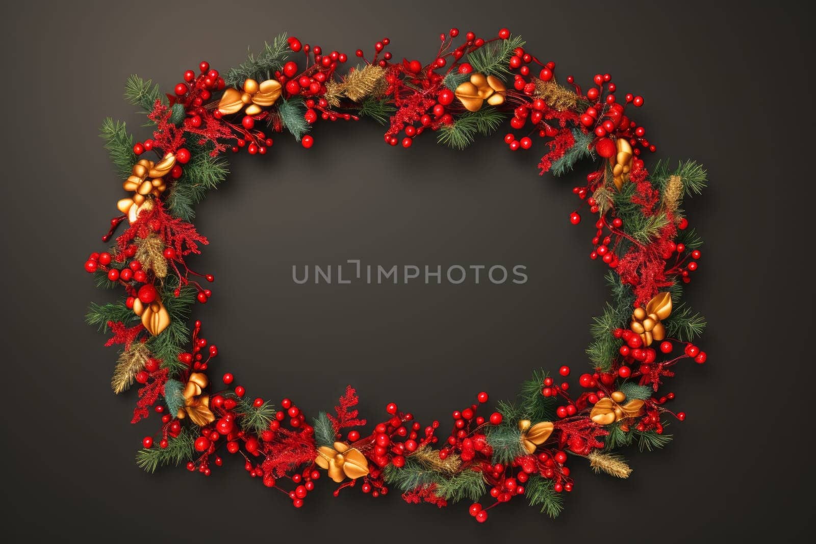 Christmas wreath with red berries and gold bells. Generative AI
