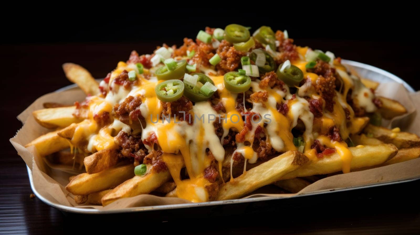 Greasy and indulgent loaded cheese fries. Generative AI