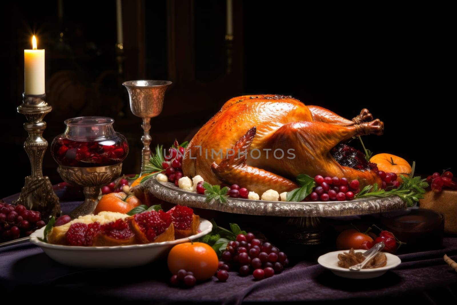 Holiday feast with a delicious turkey. Generative AI