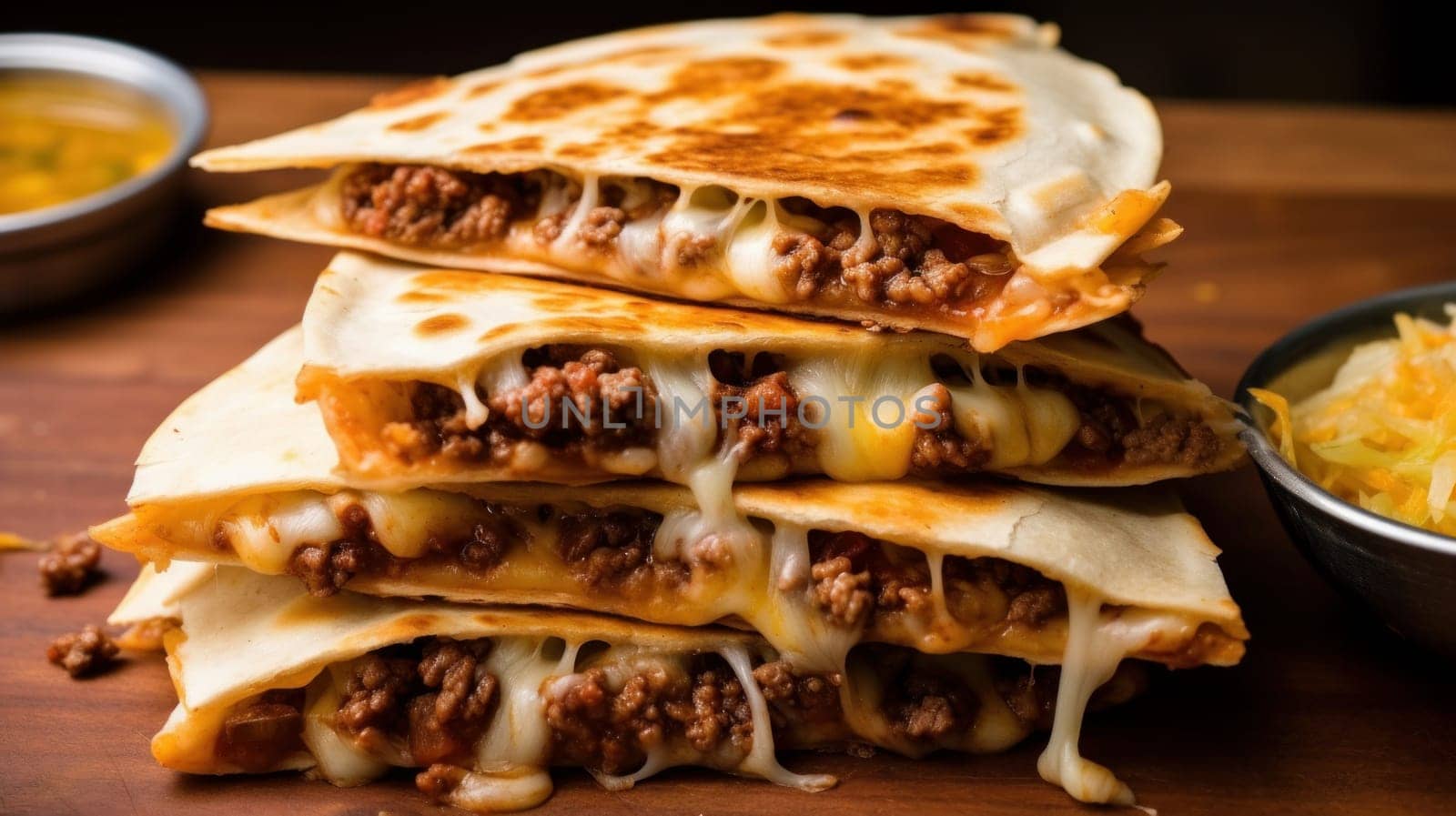 Greasy and satisfying beef and cheese quesadilla. Generative AI