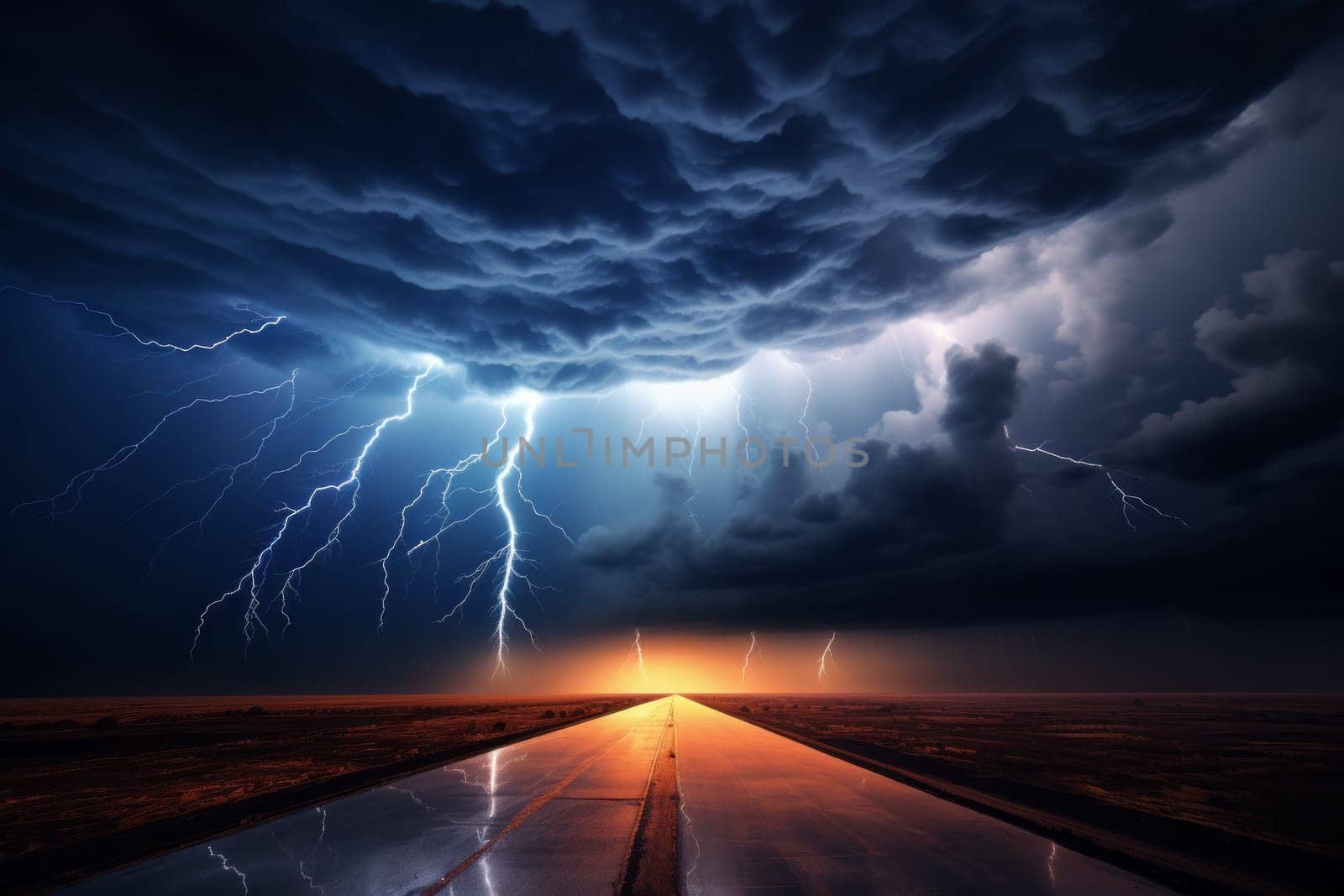 Lightning storm over a road in the middle of nowhere. Generative AI