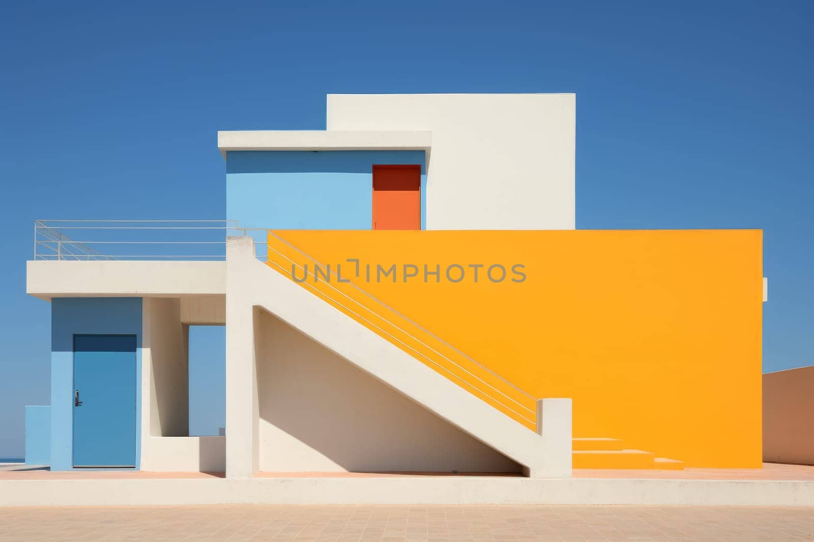 A yellow and blue building with a stair case. Generative AI