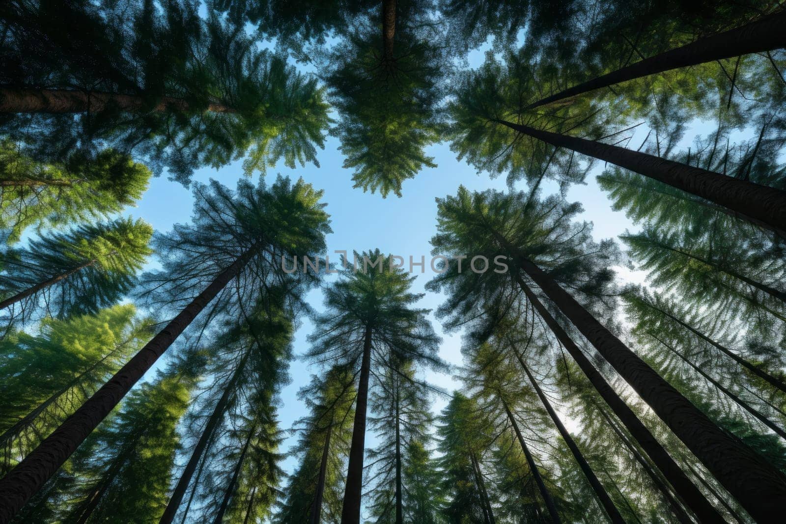 Majestic Evergreens Reaching Sky. Generative AI