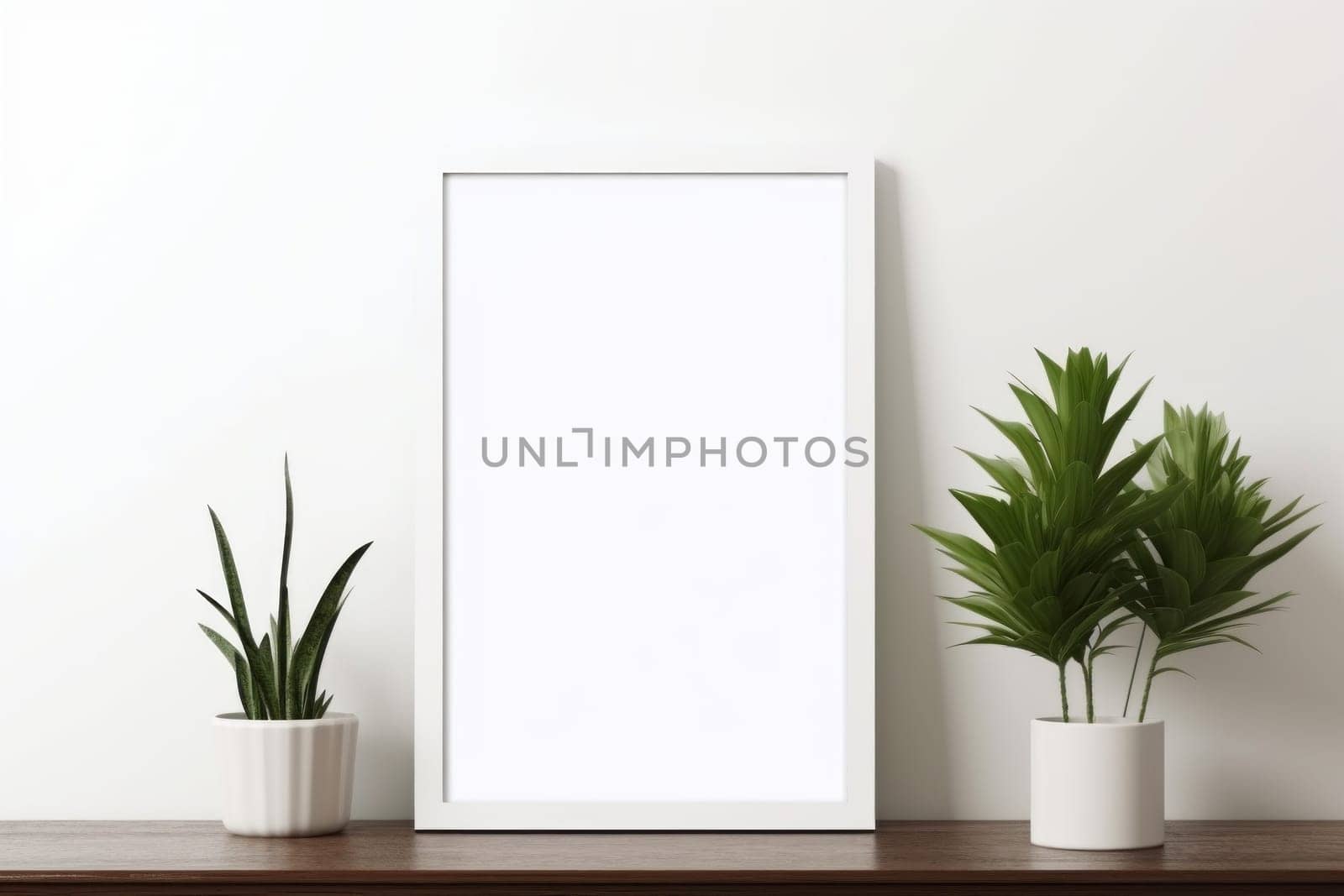 White frame on a wooden table. Generative AI