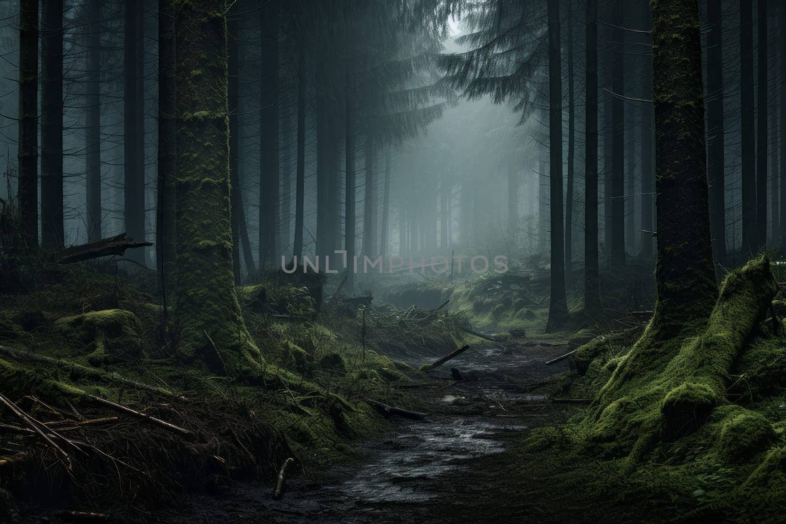Misty forest landscape evoking a sense of mystery. Generative AI