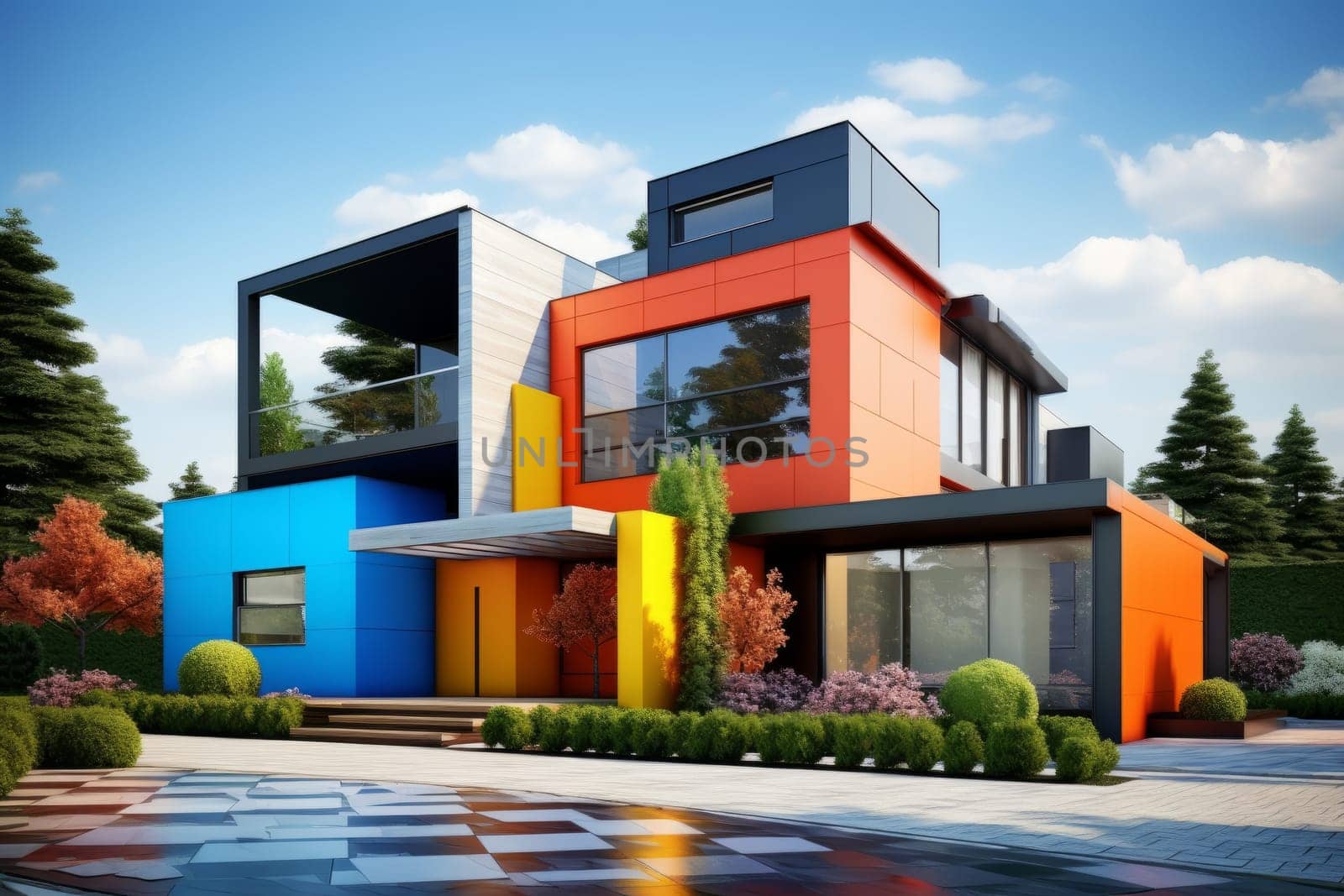 Vibrant and playful house with a colorful checkerboard floor. Generative AI