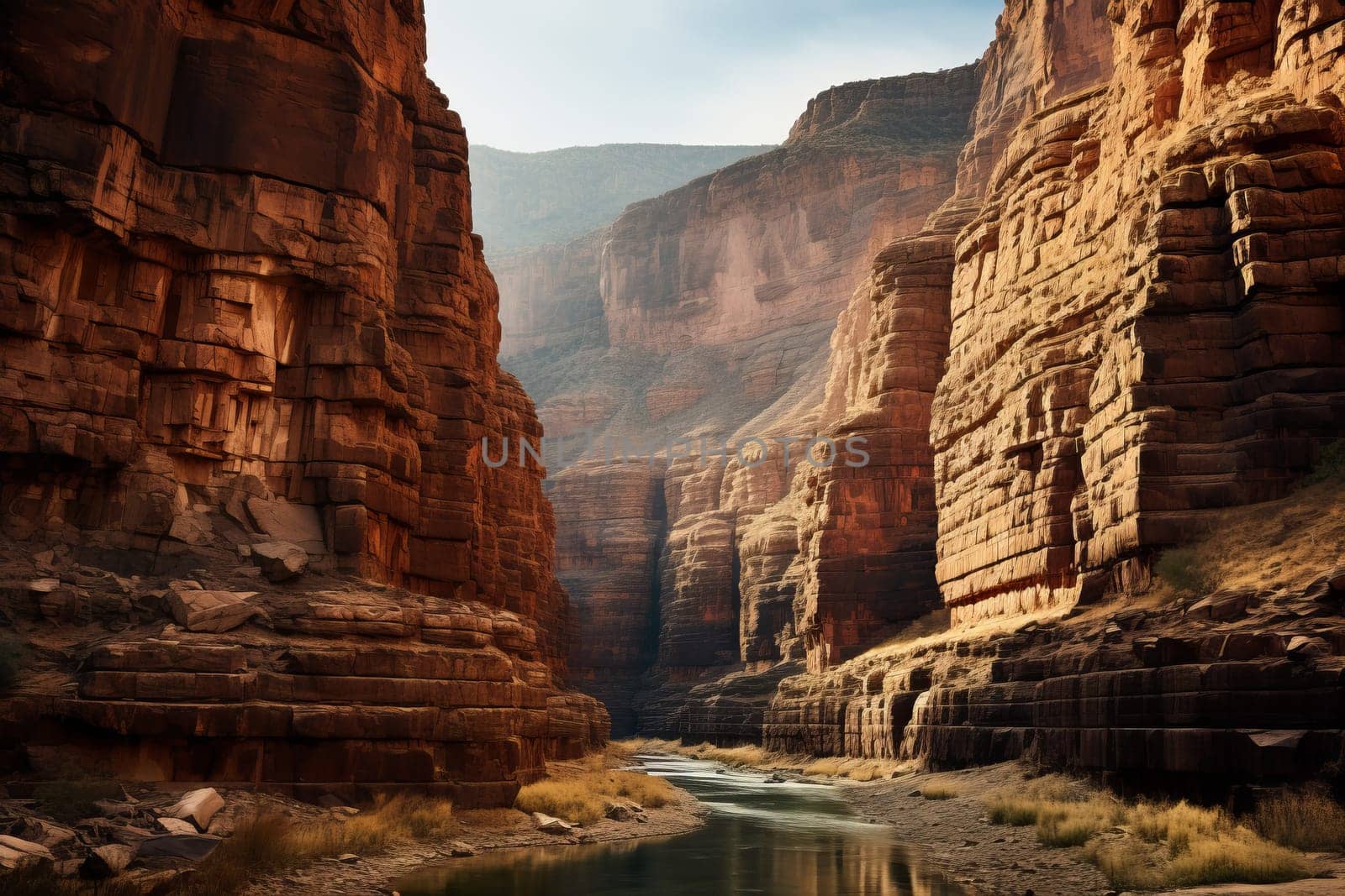 Majestic canyon walls rising high. Generative AI