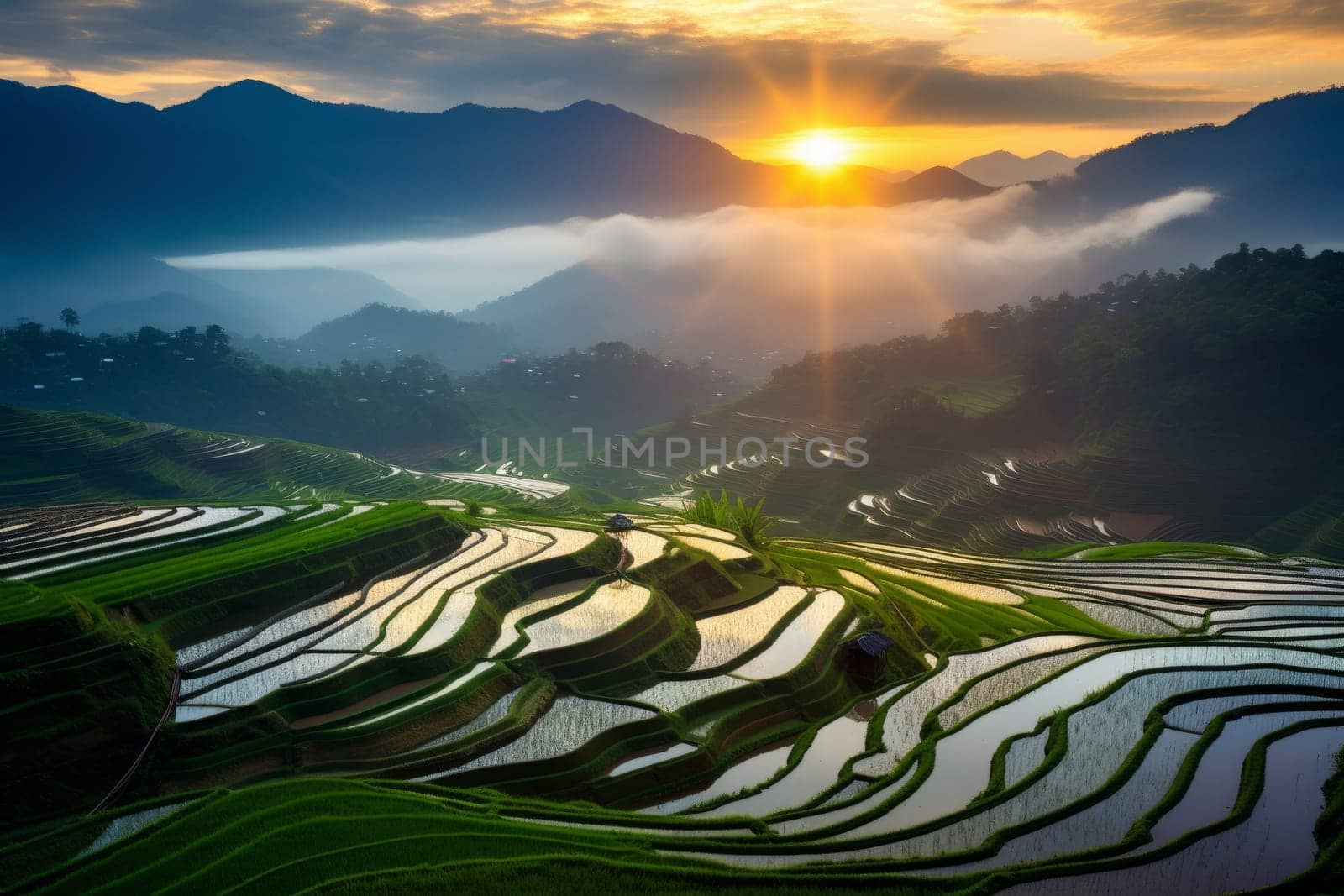 Paddy fields bathed in the warm glow of sunrise. Generative AI