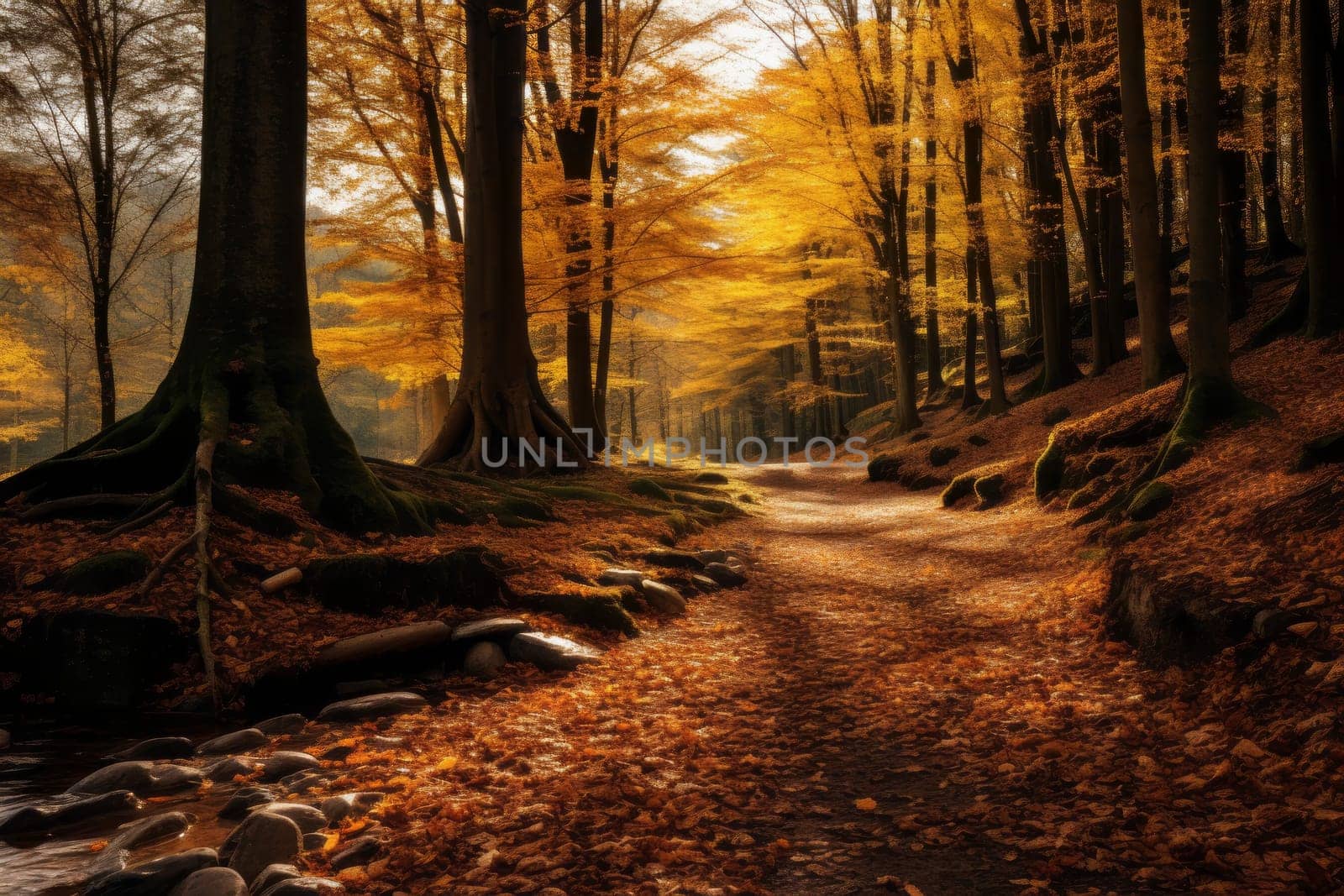 Peaceful Autumn Forest Landscape Background. Generative AI