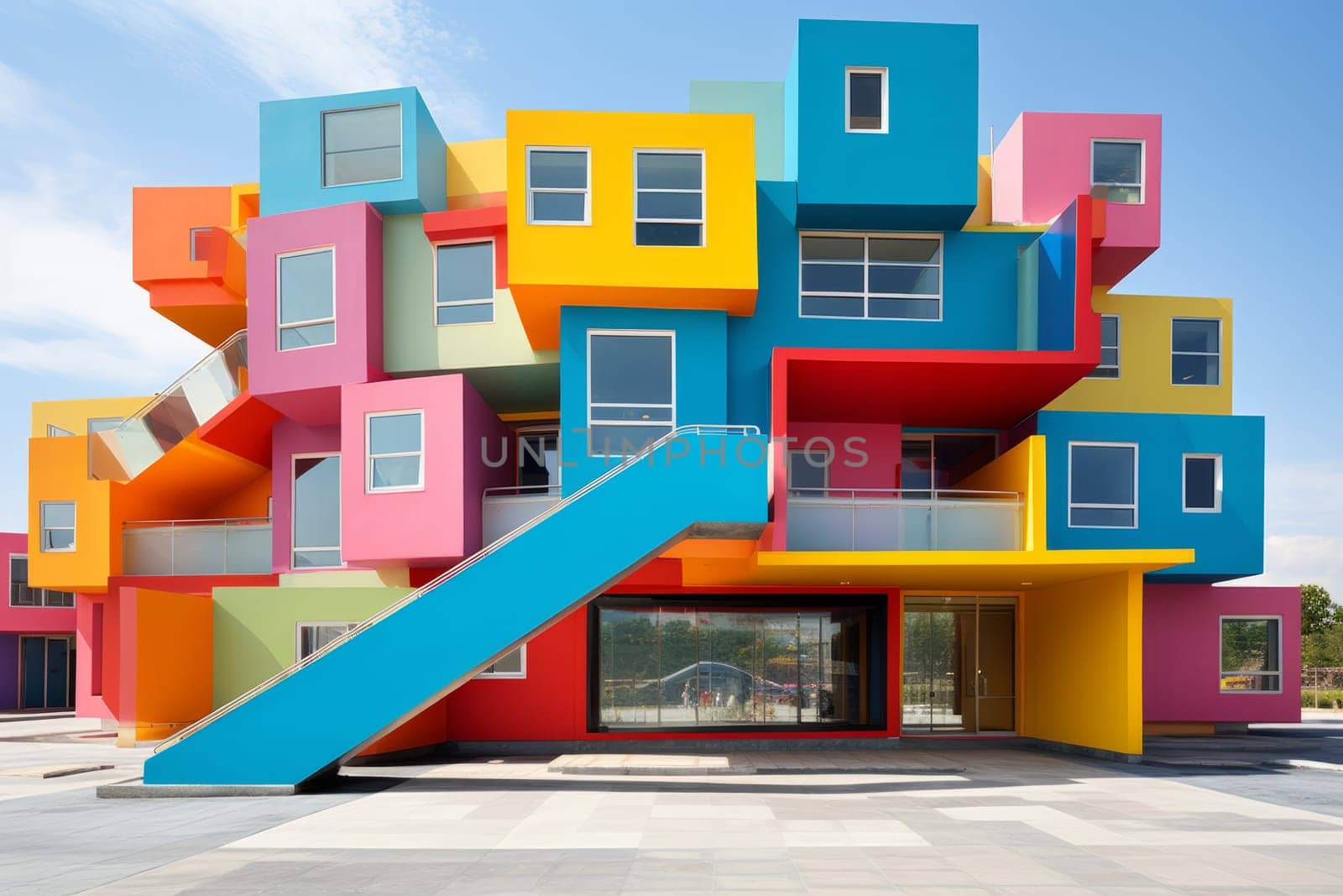A colorful building with a slide in front of it. Generative AI