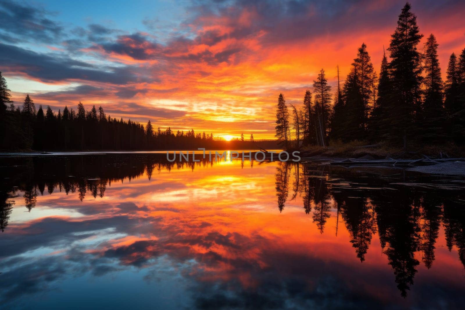 Vibrant Sunrise Reflection on Calm Lake. Generative AI