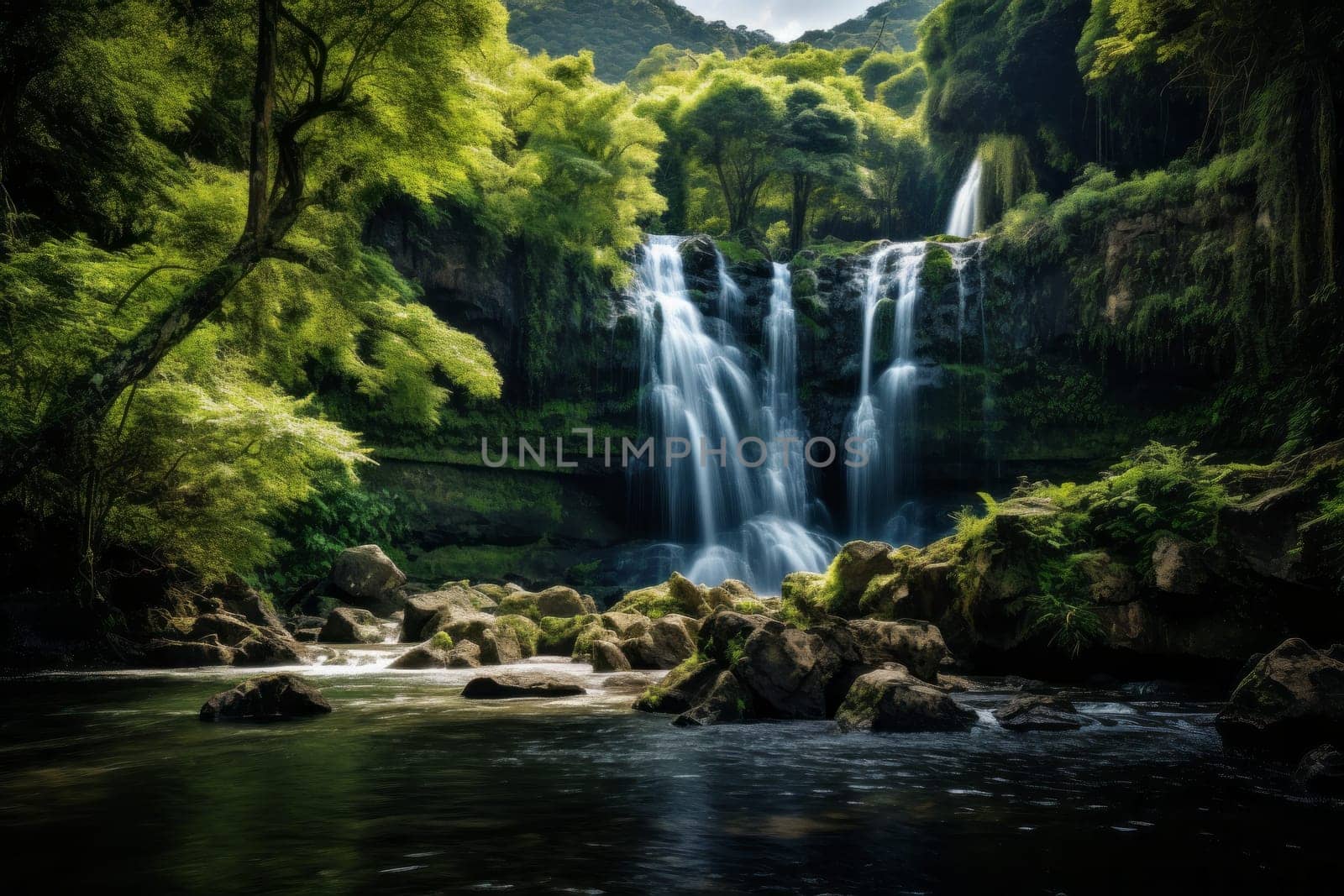 Pristine Waterfall in Greenery. Generative AI