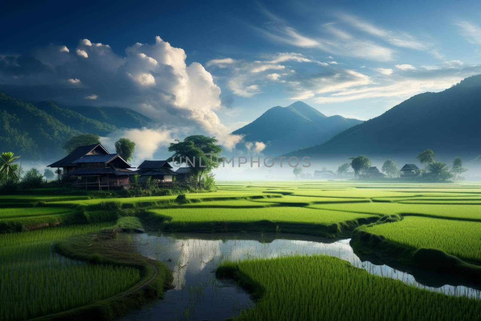 Peaceful countryside scene with a small house. Generative AI