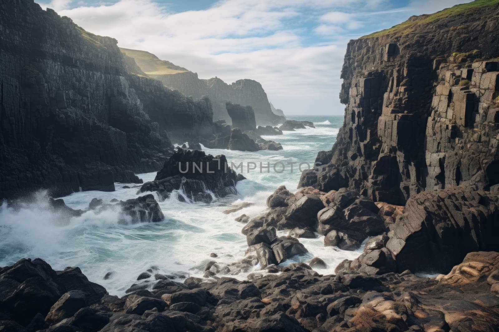 Rocky Coastline with Crashing Waves. Generative AI