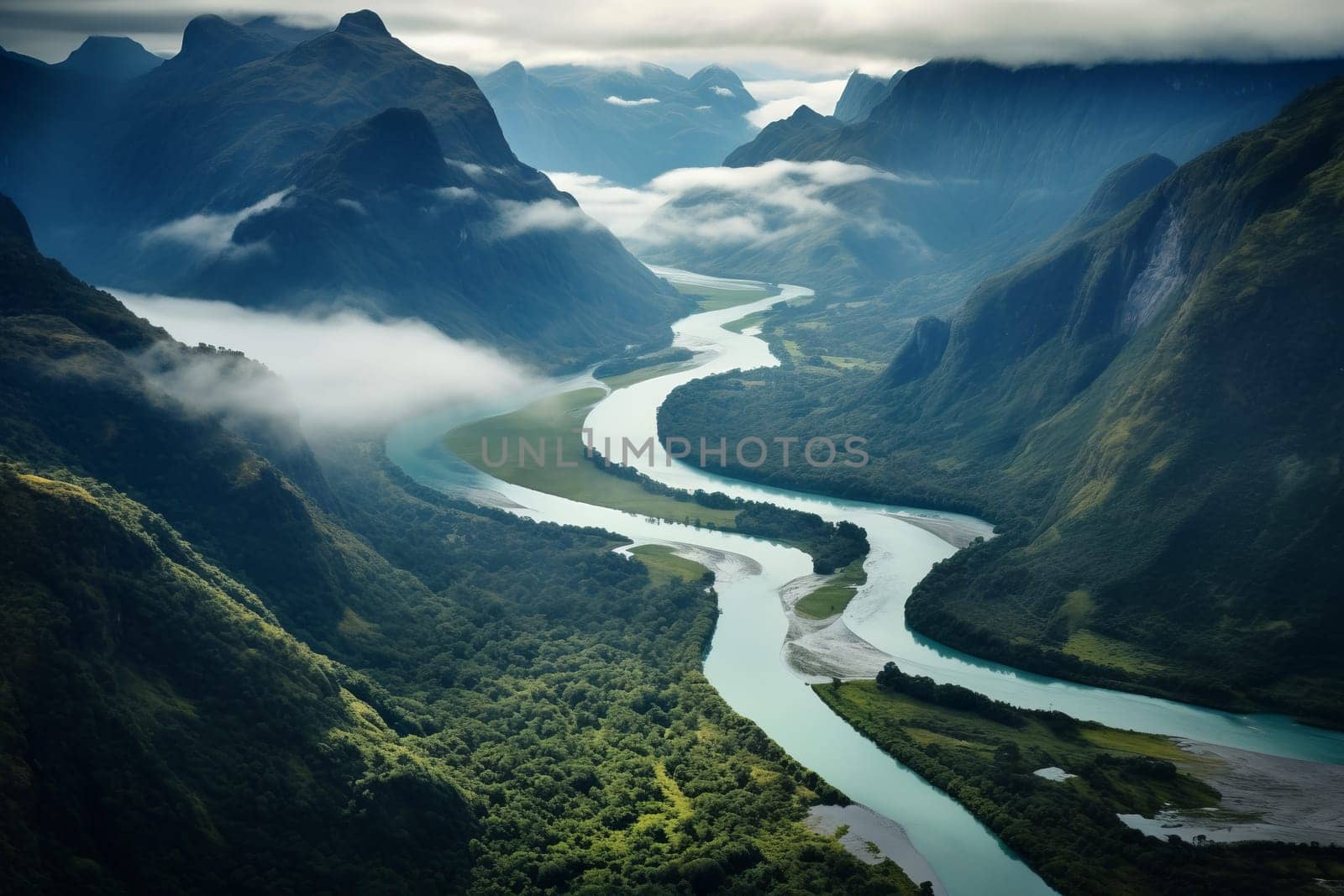 Pristine river carving through lush valleys. Generative AI