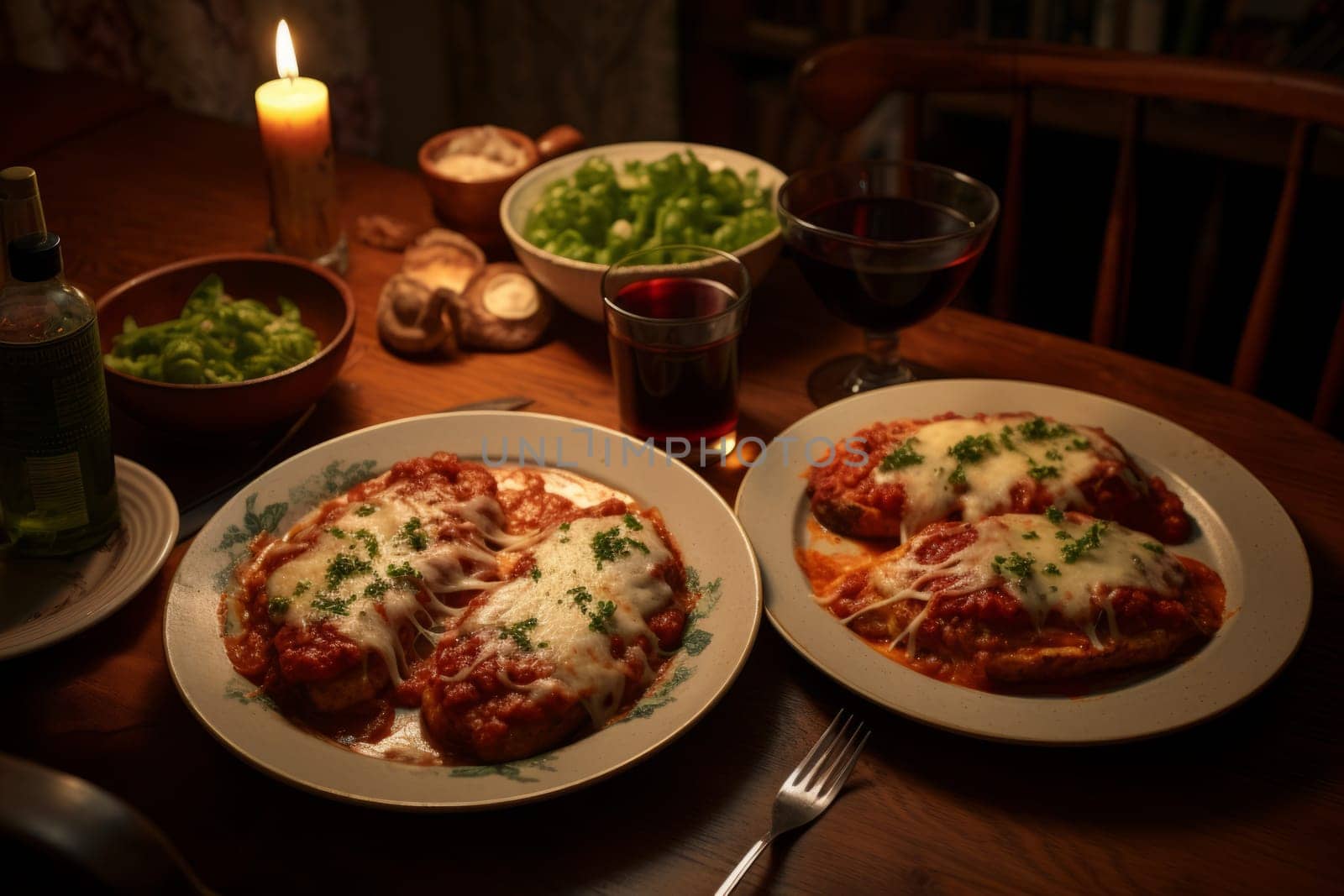Plates of chicken parmigiana. Generative AI