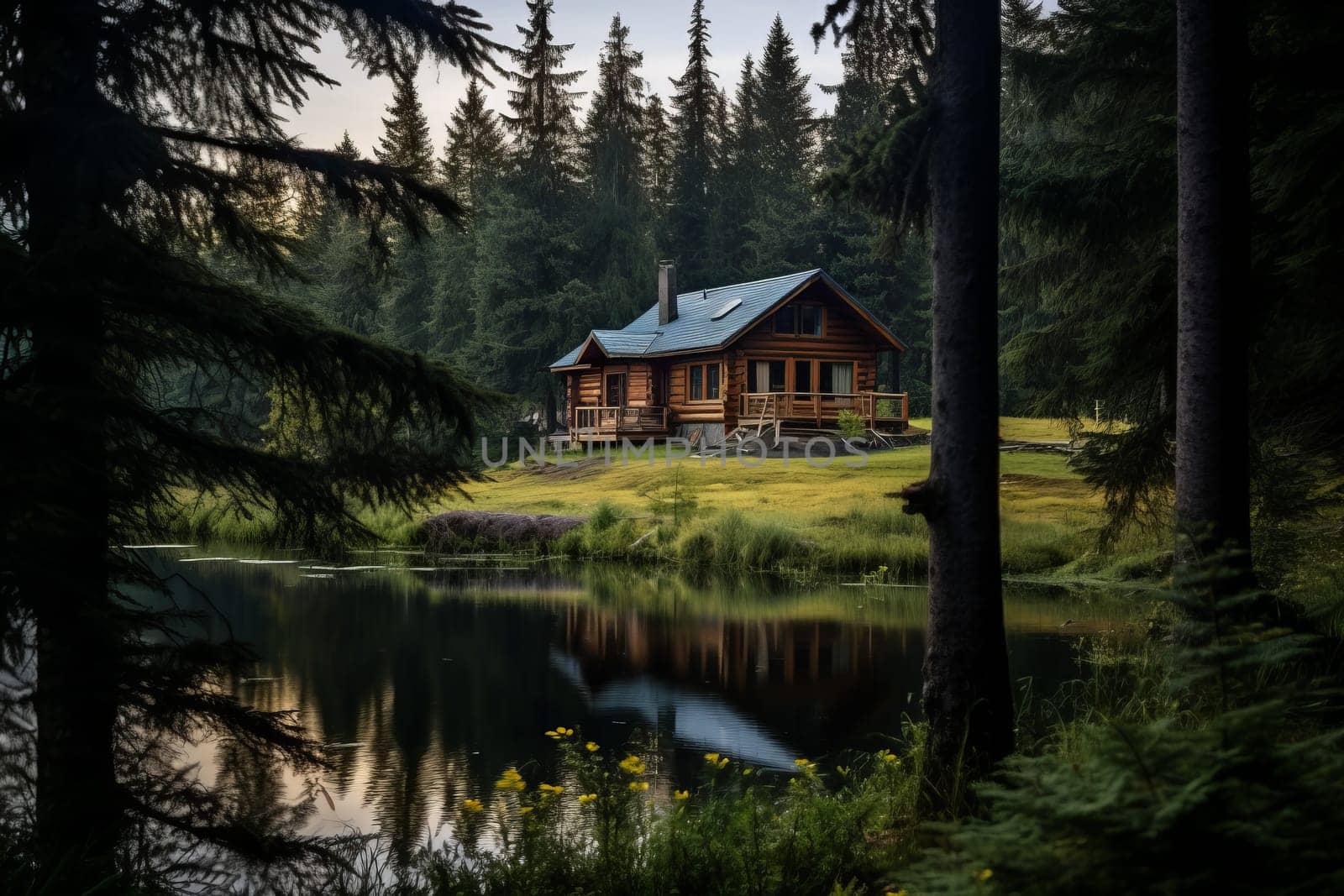 Remote cabin surrounded by towering pines. Generative AI