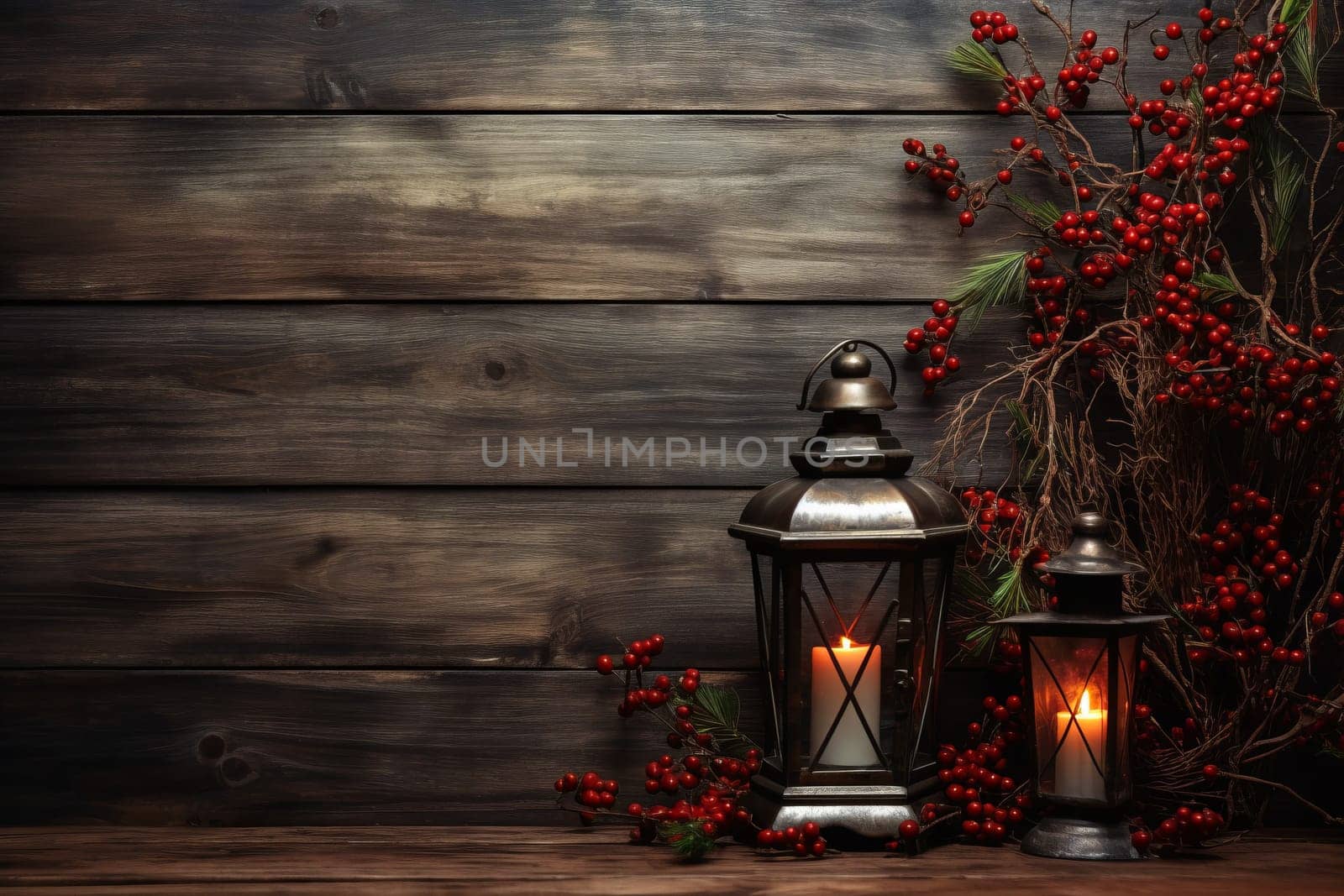 Rustic wooden background with holly berries. Generative AI