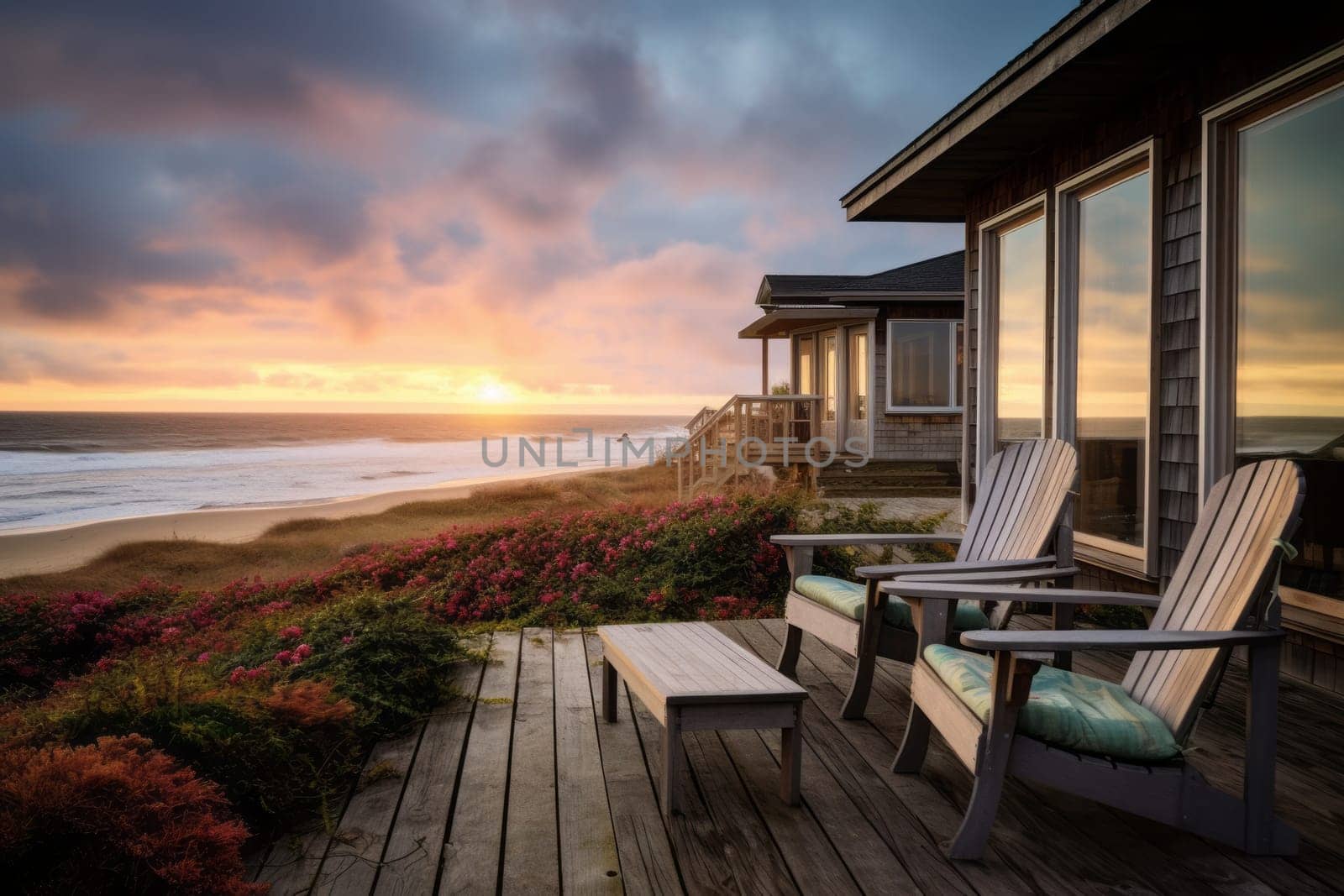 Rustic beach cottage with a wooden deck. Generative AI