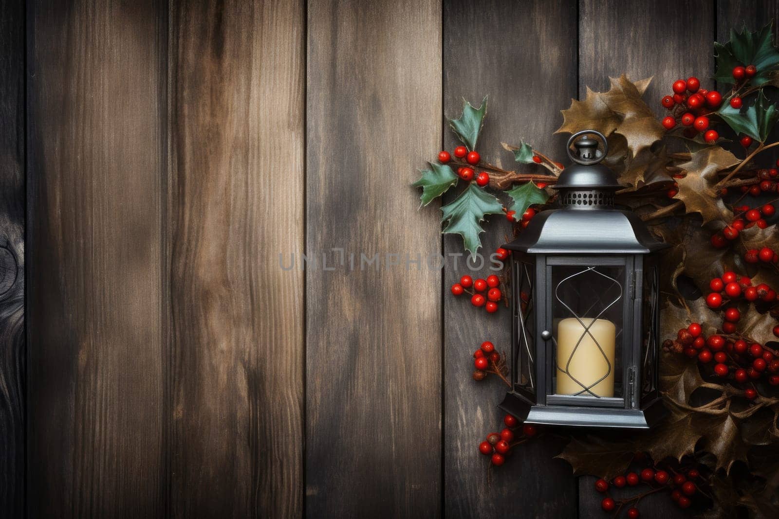 Rustic wooden background with holly berries. Generative AI