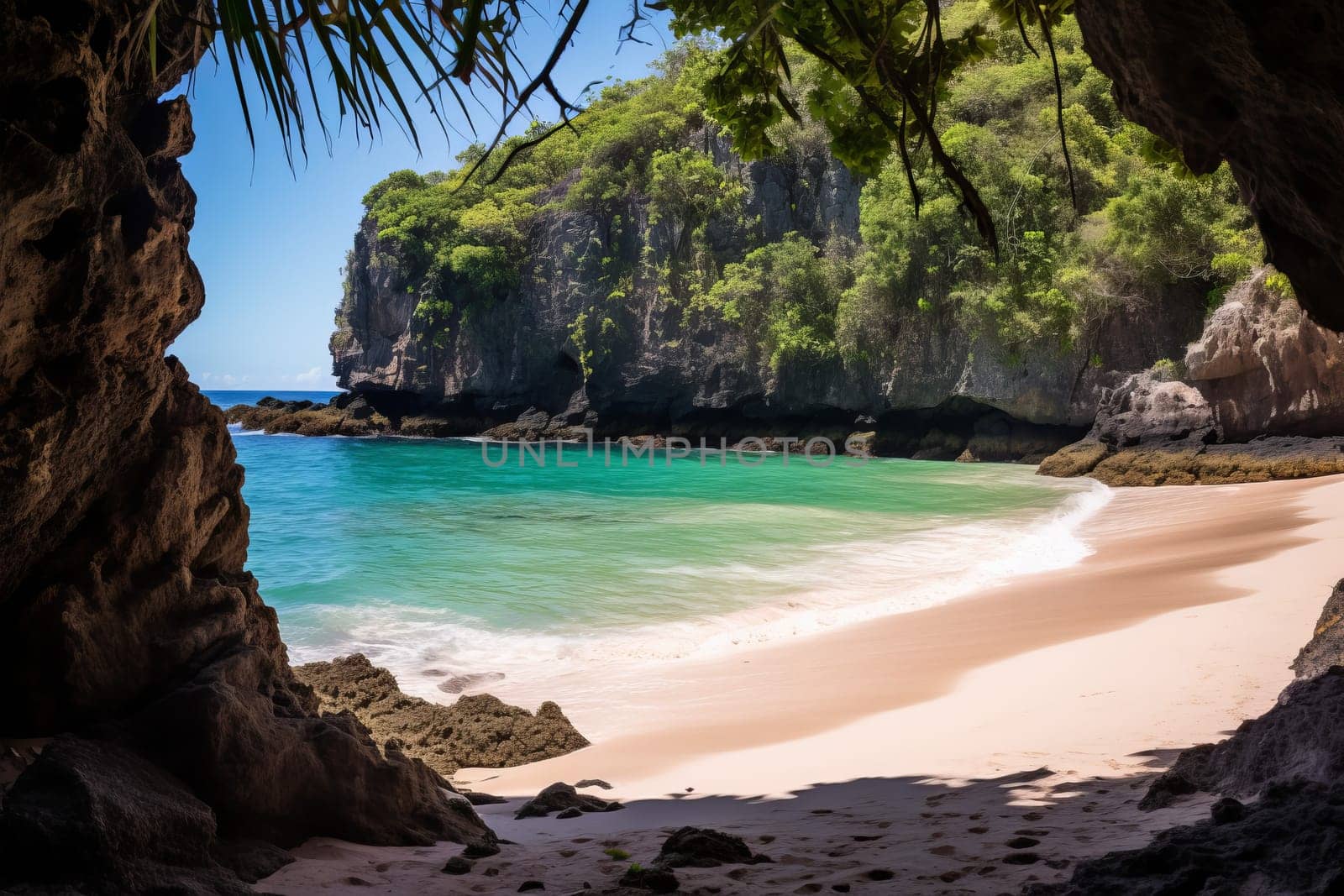 Secluded beach framed by rocky cliffs. Generative AI