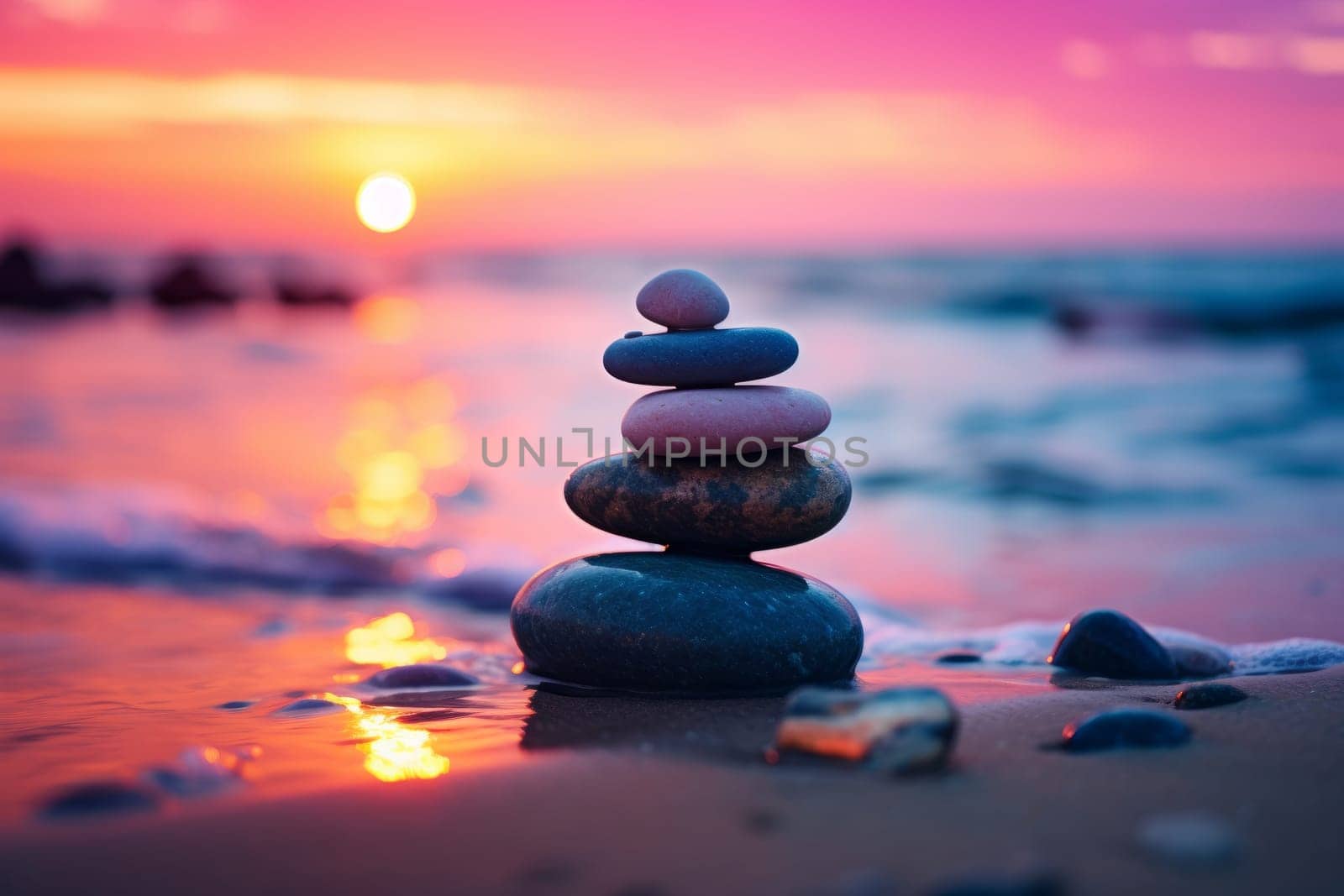 A stack of rocks sitting on top of a sandy beach. Generative AI