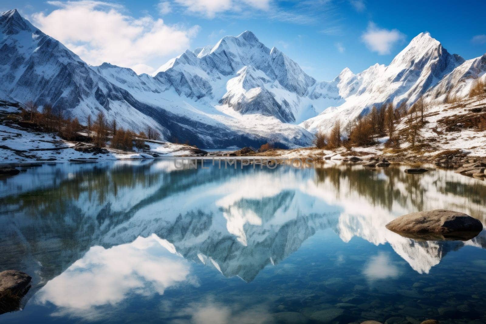 Snow-Capped Peaks Reflecting in Alpine Lake. Generative AI