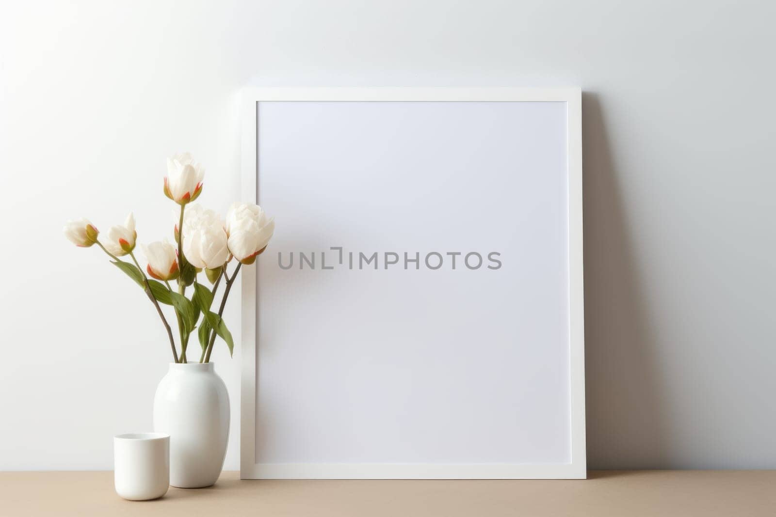 White vase with flowers next to a picture frame. Generative AI