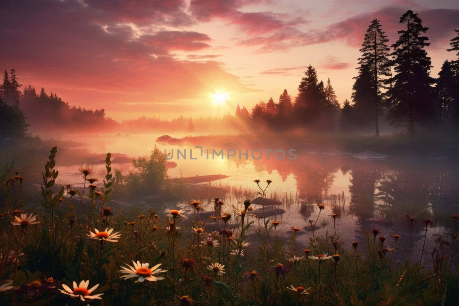 Warm Sunrise Over Tranquil Meadow. Generative AI