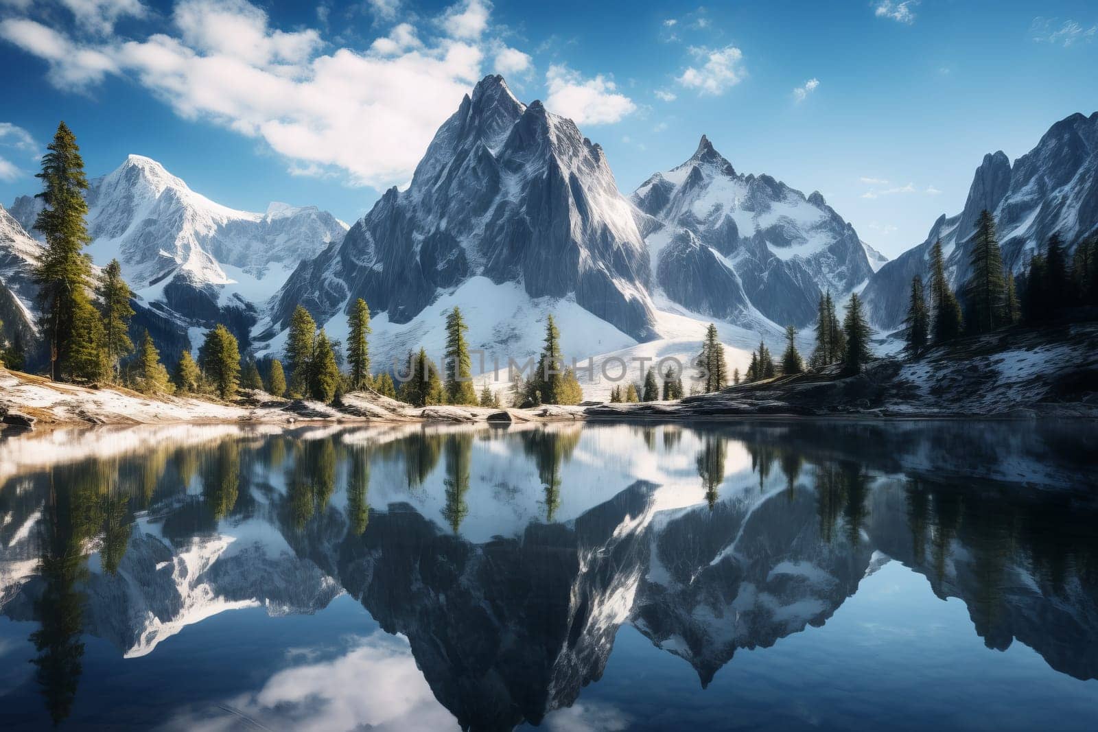 Towering peaks reflected in a glassy alpine lake. Generative AI