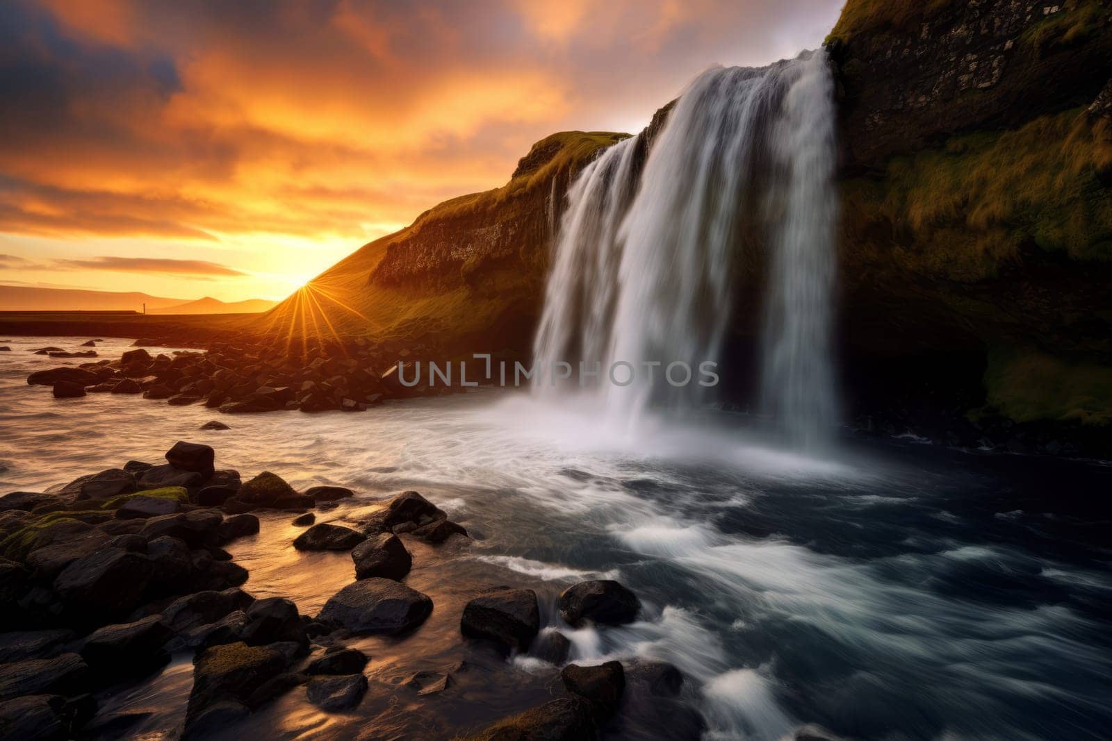 Sunset over a serene, heart-shaped waterfall. Generative AI
