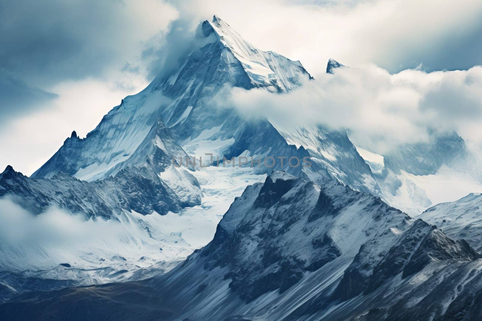 Snow capped peaks reaching for the sky. Generative AI