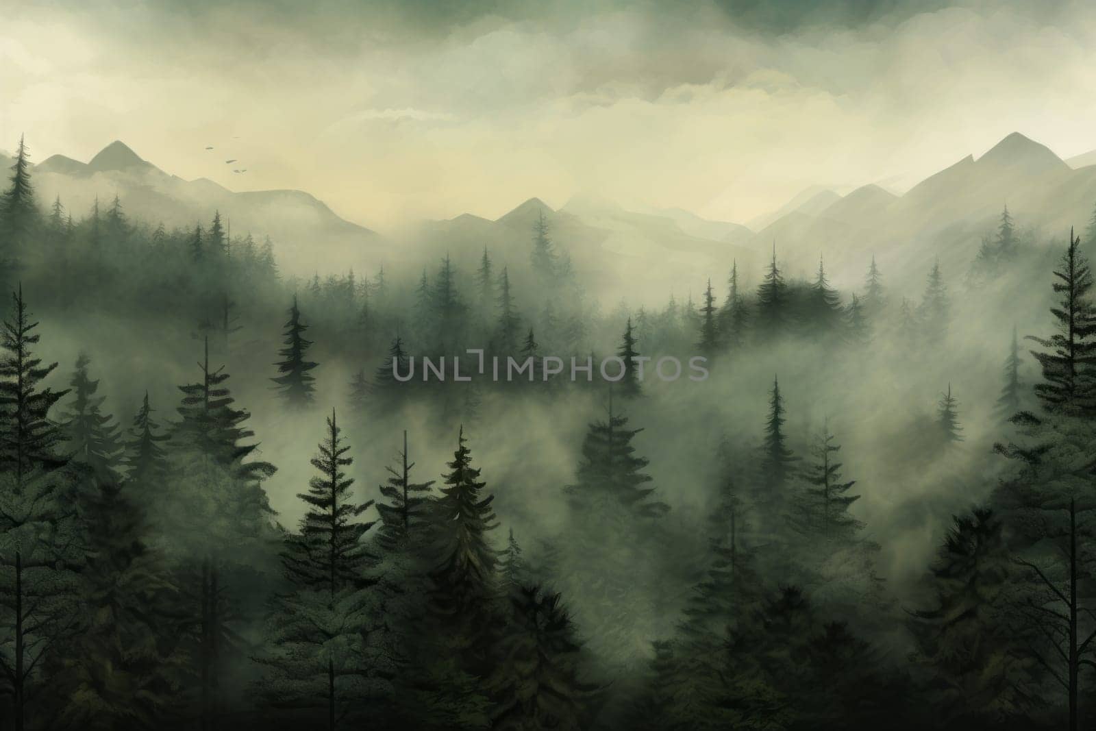 Tranquil with Misty Forest. Generative AI