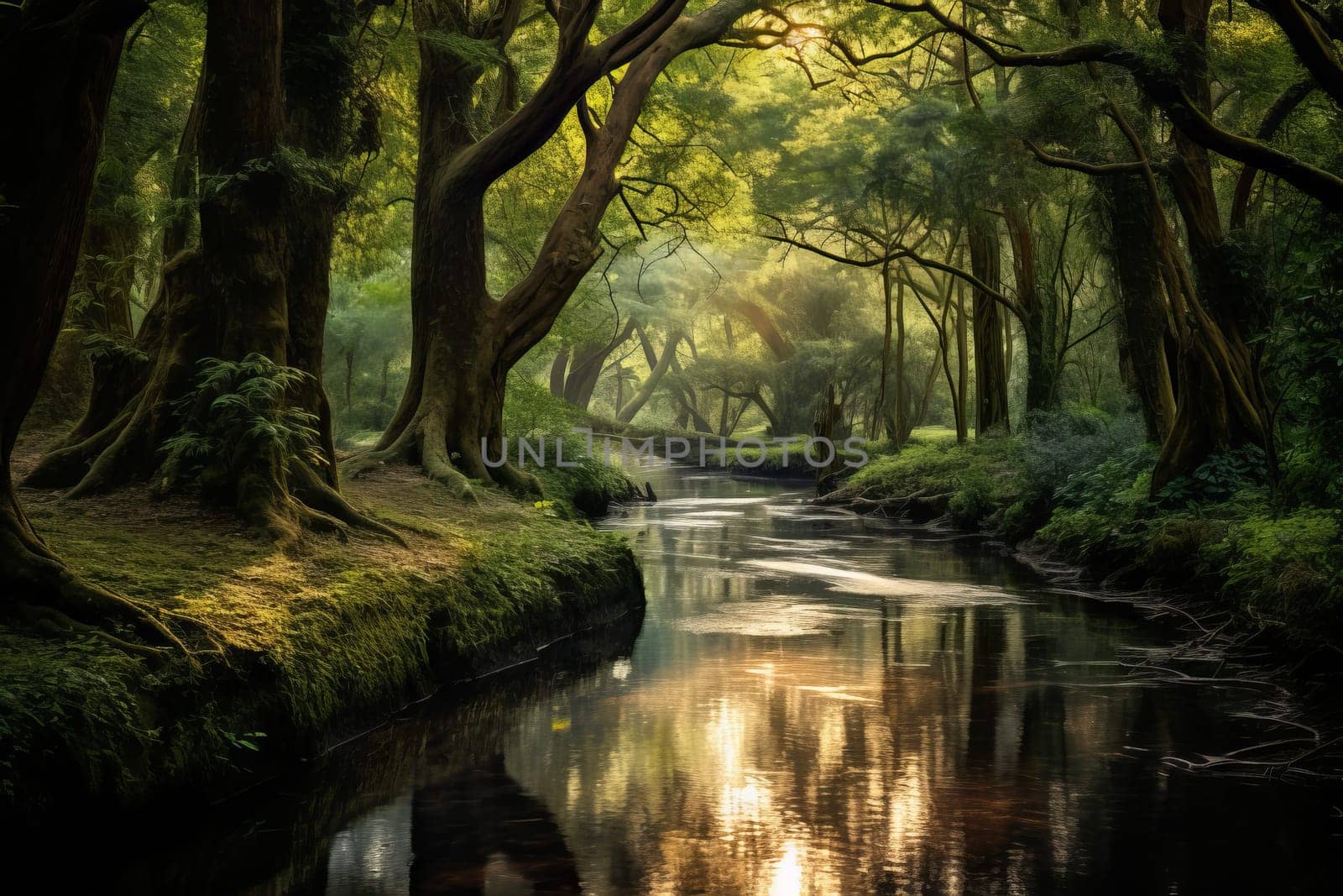 Towering trees and a meandering stream. Generative AI