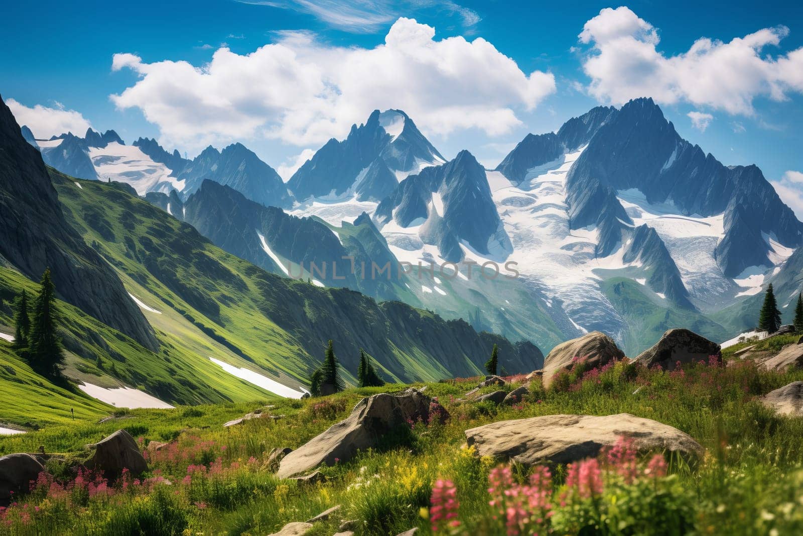 Towering peaks and alpine meadows. Generative AI
