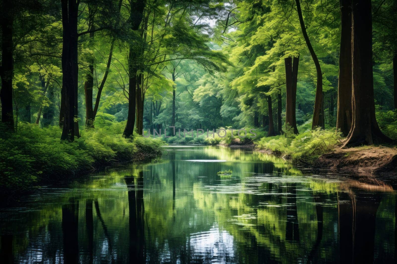 River running through a lush green forest. Generative AI