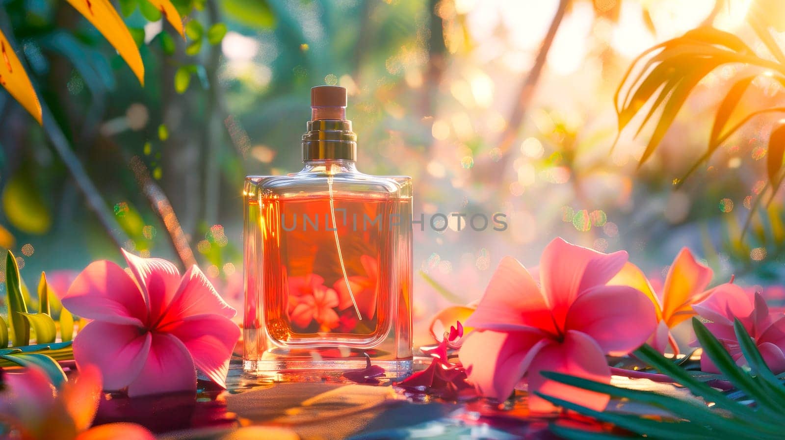 Fragrance bottle, perfume product on background of sunny tropical jungle. AI generated