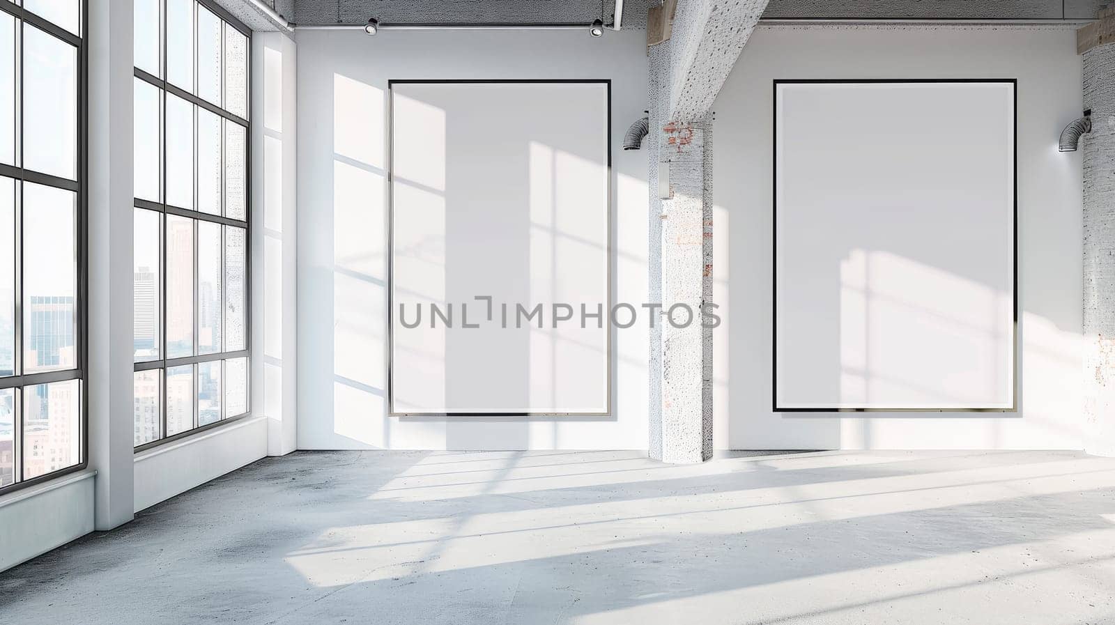 Two blank frame hanging from the ceiling of a bright empty room. Copy space. AI generated