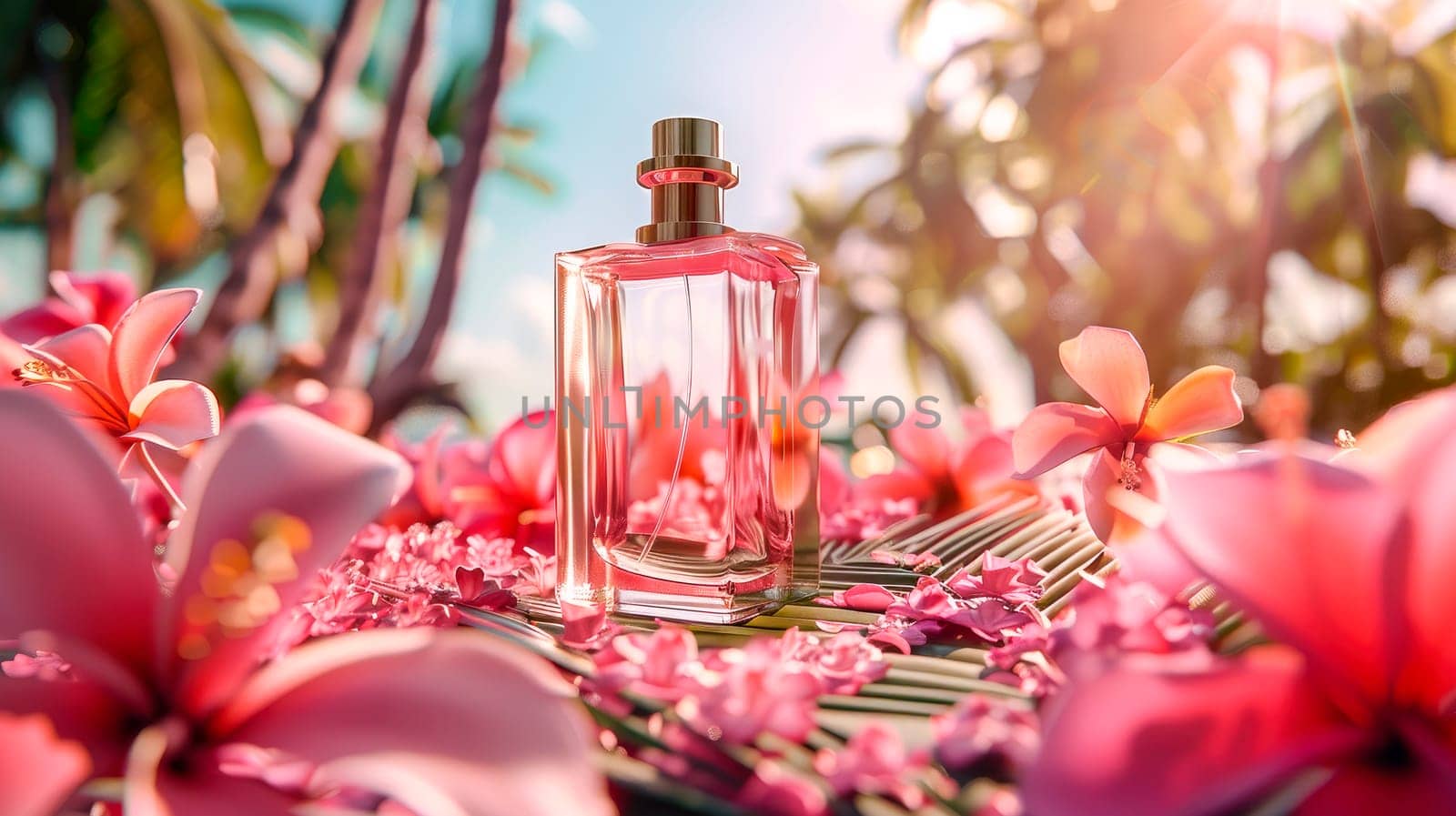 Fragrance bottle, perfume product on background of tropical jungle. AI generated
