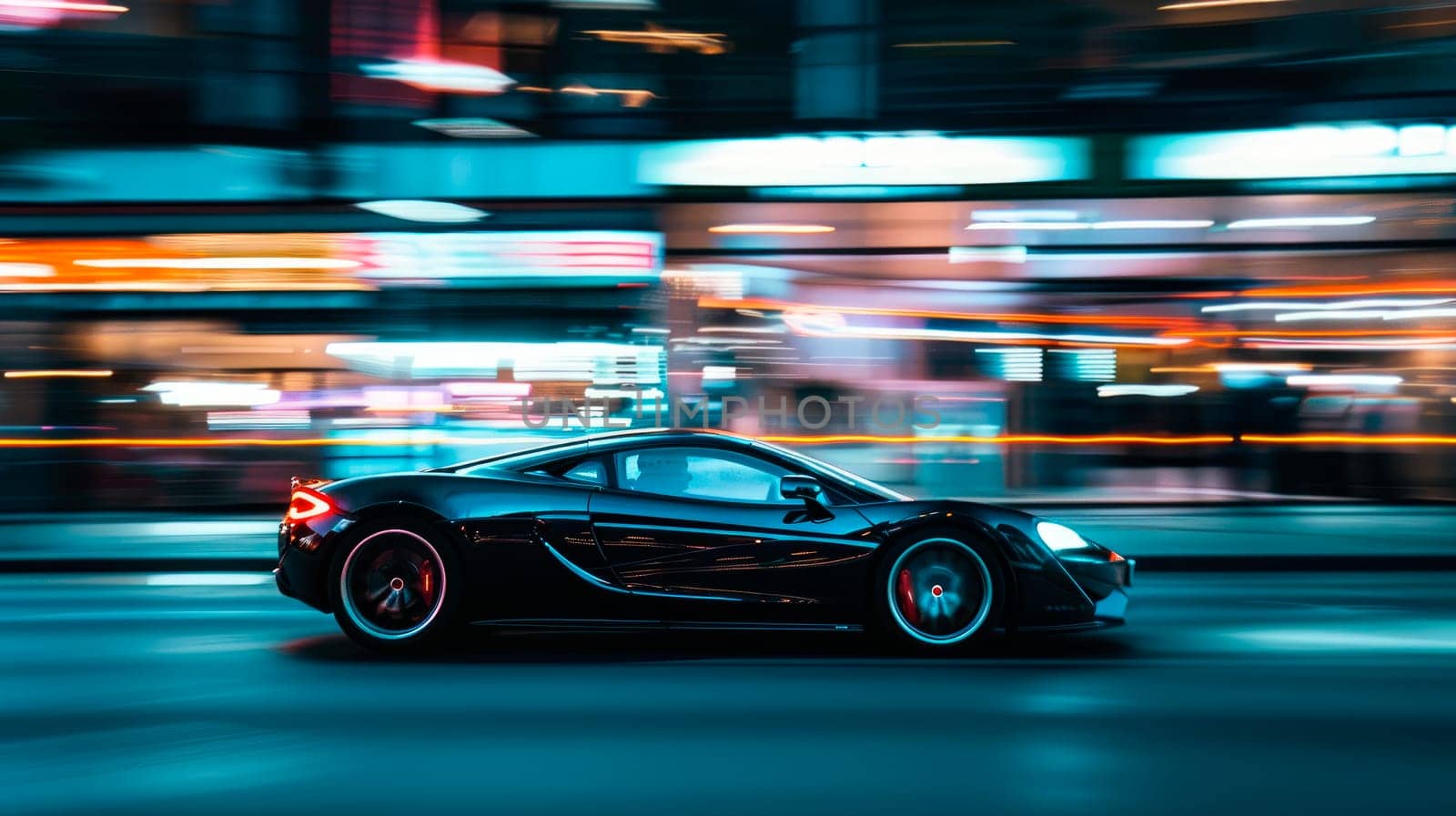 Side view tracking shot of a car speeding on night city street. AI generated