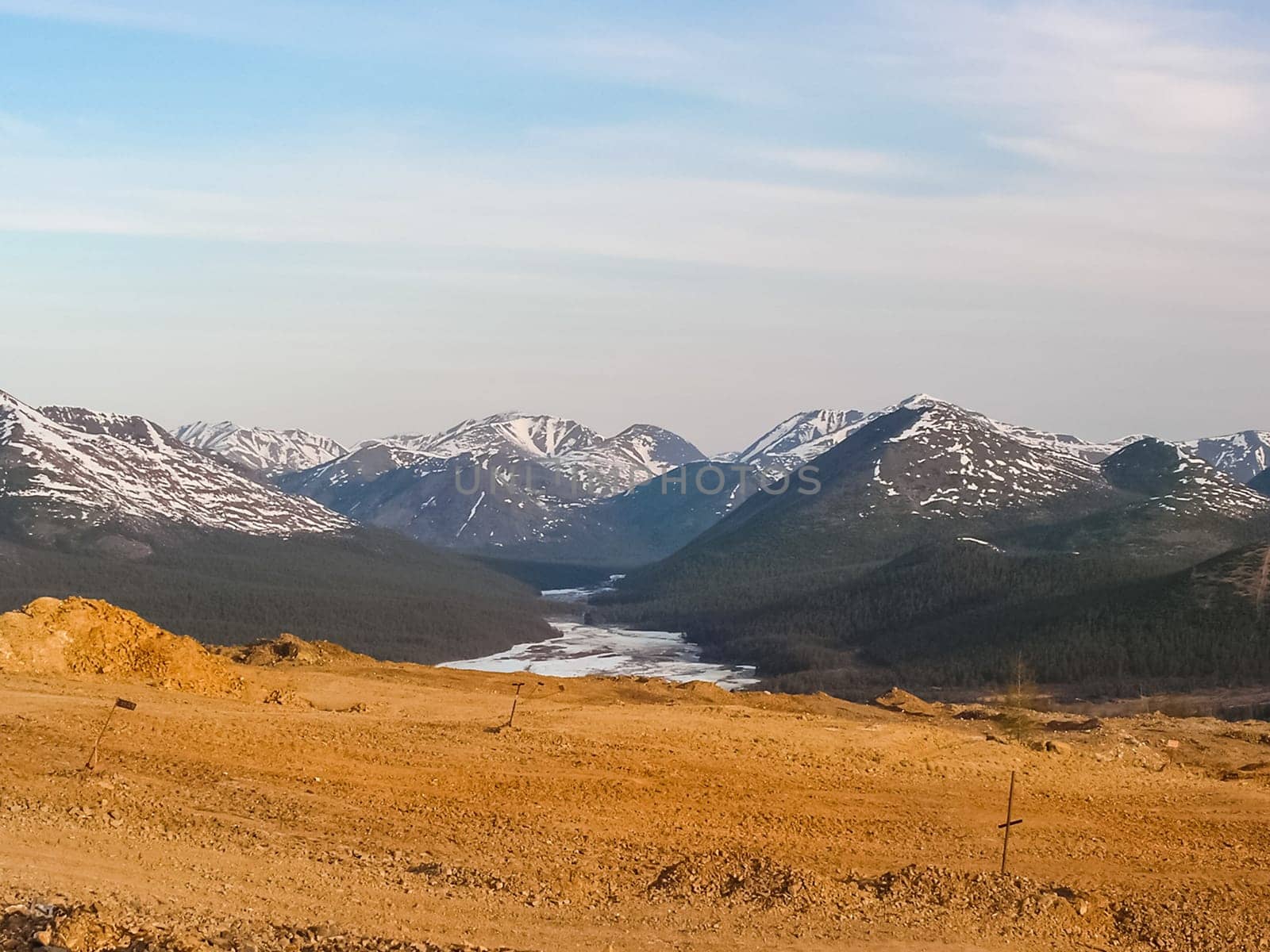 View of the nature and villages of Chukotka from the height of the helicopter.