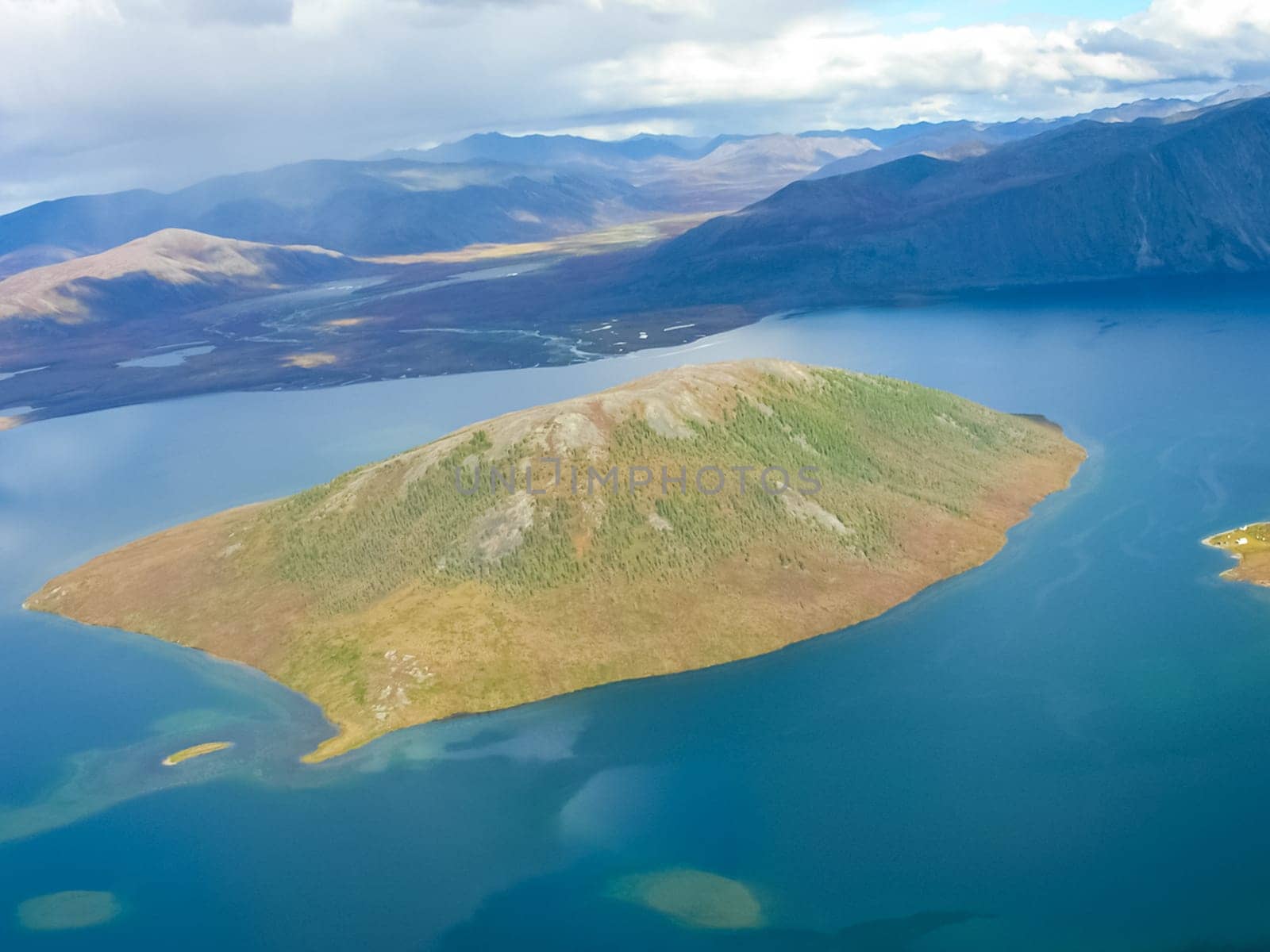 View of the nature and villages of Chukotka from the height of the helicopter.