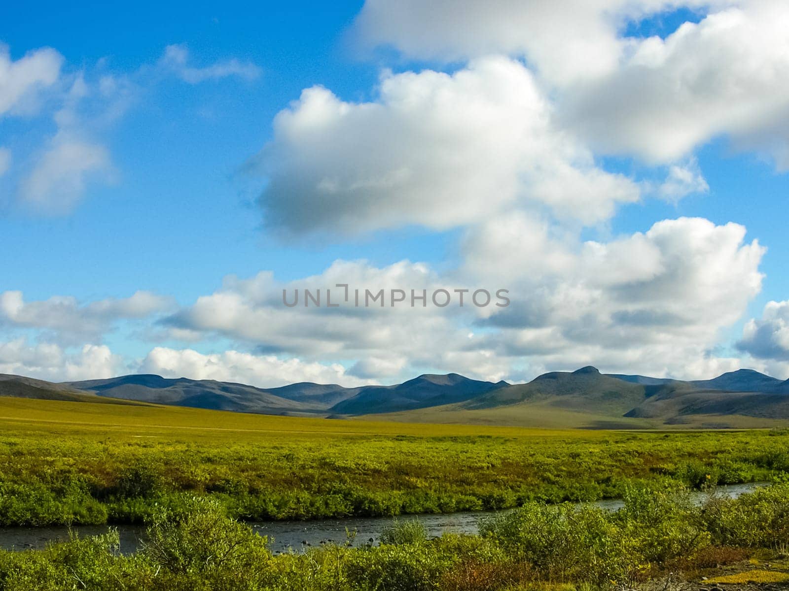View of the nature and villages of Chukotka from the height of the helicopter.