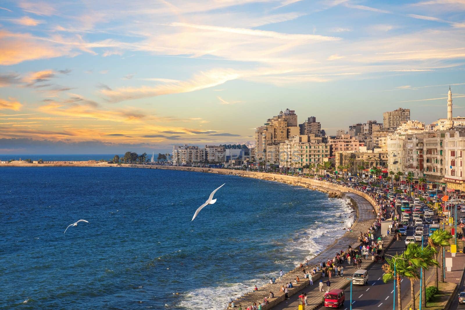 Alexandria seacoast, beautiful sunset view of the Mediterranean sea, Egypt.