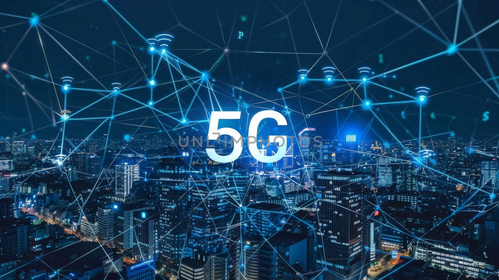 This image delves into the realm of next-generation connectivity, showcasing the intricate web of 5G wireless networks, high-speed internet, and cloud computing infrastructure. It symbolizes the seamless synchronization of data storage and services in an online ecosystem, catering to various sectors including finance and smart city development.