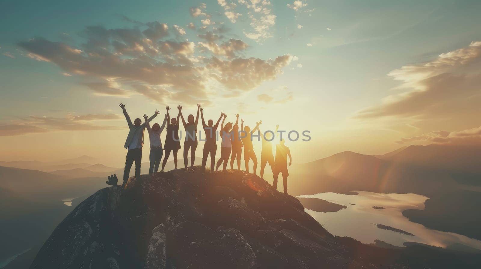 Experience the exhilarating moment as a large group of individuals revel in their triumph at the mountain peak, arms raised high in joyous celebration against a breathtaking backdrop of lakes and mountains illuminated by the setting sun.