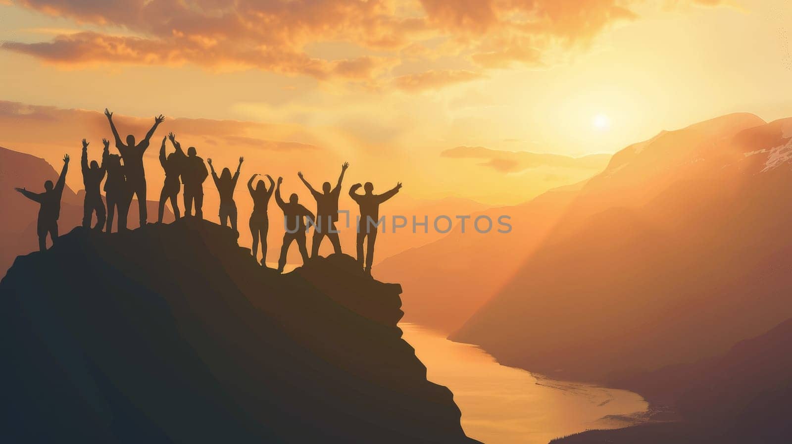 Experience the exhilarating moment as a large group of individuals revel in their triumph at the mountain peak, arms raised high in joyous celebration against a breathtaking backdrop of lakes and mountains illuminated by the setting sun.