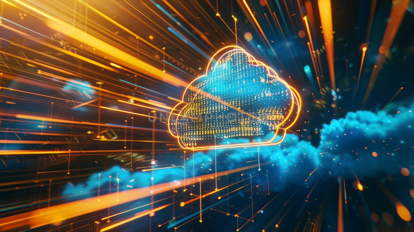 Step into the future with this captivating digital hologram, showcasing a dynamic blend of blue and golden light against a backdrop of streaming digits and code. The holographic cloud icon symbolizes the cutting-edge advancements in cloud computing and digital data flow.
