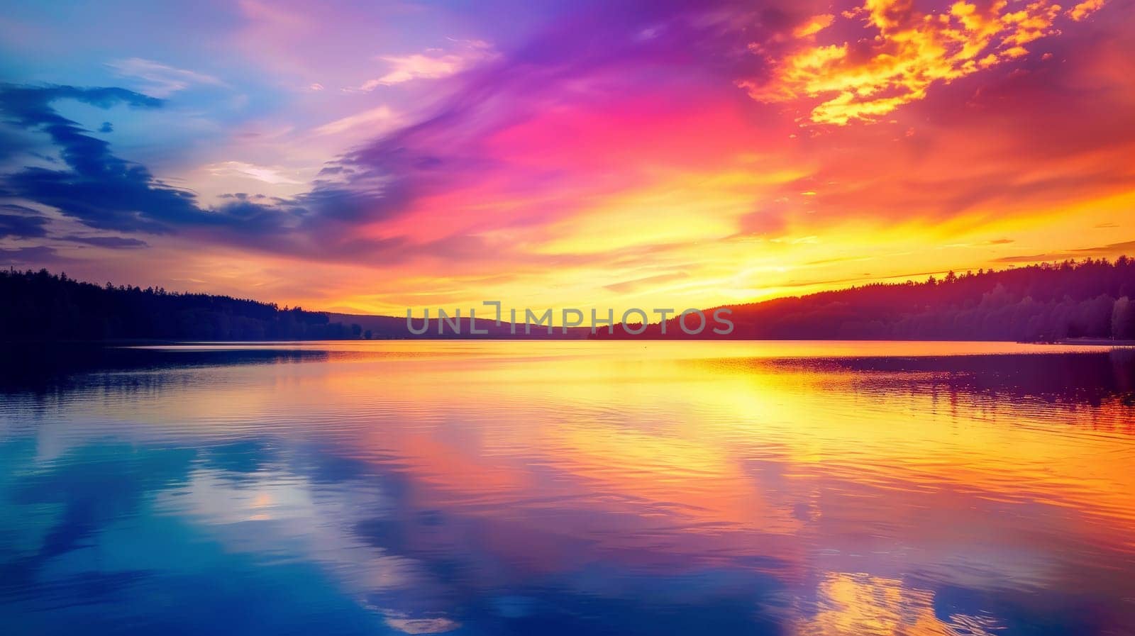 Capture the tranquility of nature with this stunning image showcasing a vibrant sunset casting its warm hues over a serene lake. The colorful reflections dance upon the water's surface, creating a mesmerizing spectacle of light and tranquility.
